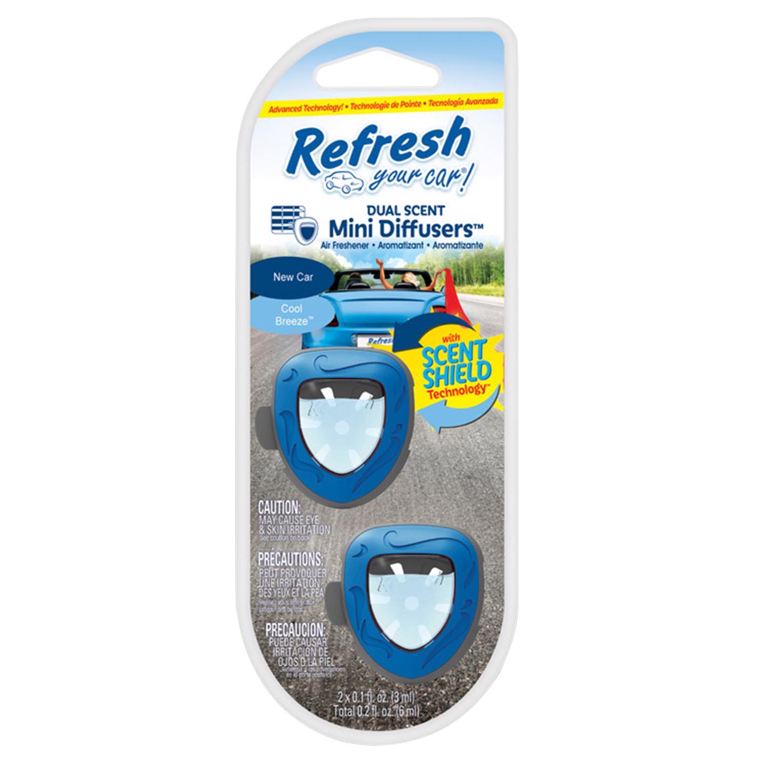 Refresh Your Car! Mini Diffusers New Car /Cool Breeze Scent Car Air Freshener 0.2 Oz Liquid 2 Pack