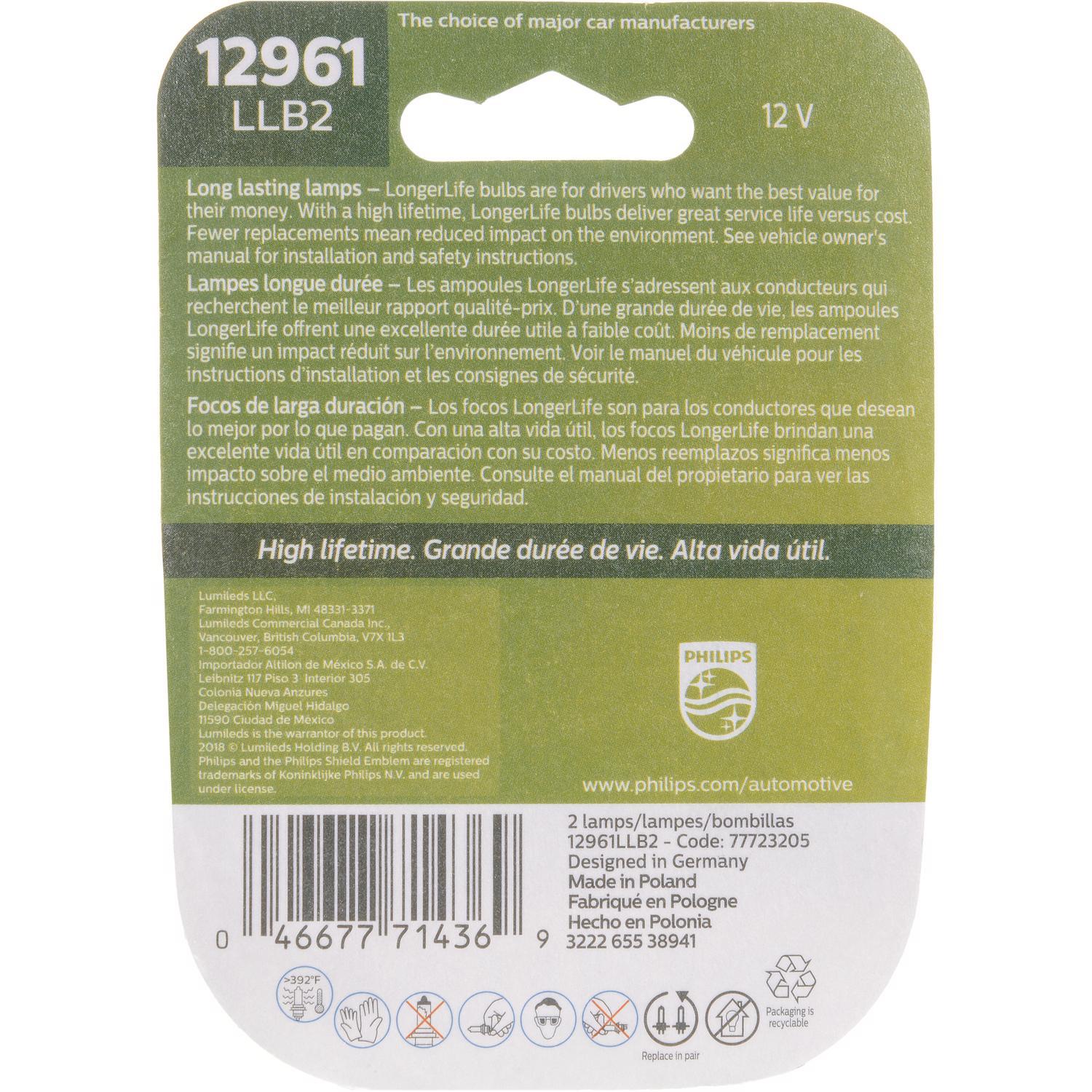 Philips LongerLife Incandescent Back-Up/Cornering/Stop/Turn Miniature Automotive Bulb 12961LLB2