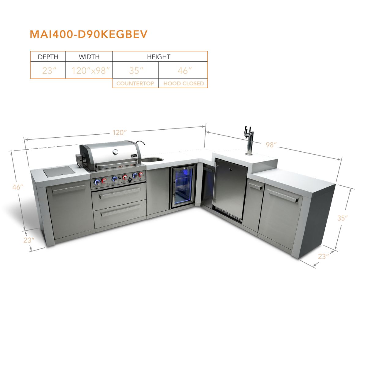 Mont Alpi 4-Burner Deluxe Island with a 90-Degree Corner, Kegerator, and Beverage Center