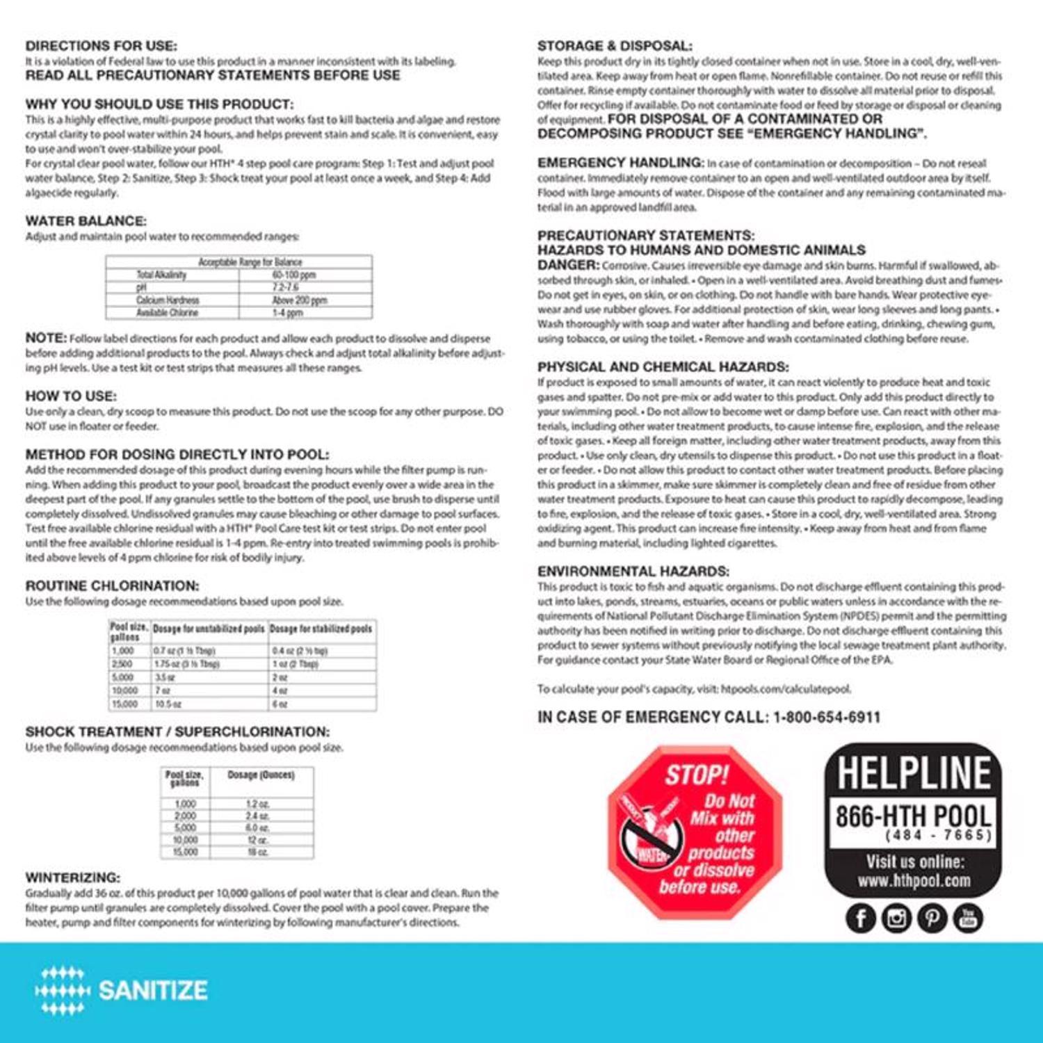 HTH Pool Care Granule Chlorinating Chemicals 50 lb
