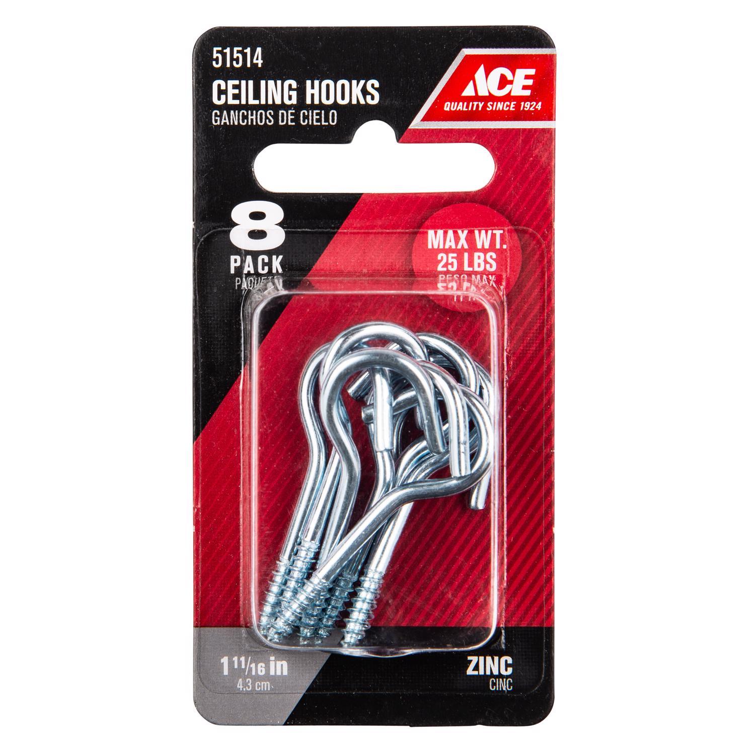 Ace Small Zinc-Plated Silver Steel 1.6875 in. L Ceiling Hook 25 lb 8 pk