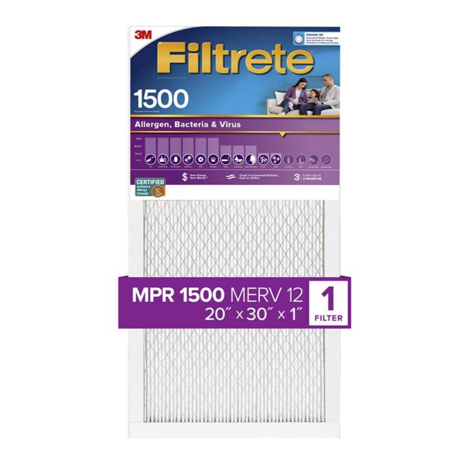 Filtrete 20 in. W X 30 in. H X 1 in. 1500 MPR Pleated Allergen Air Filter 1 pk
