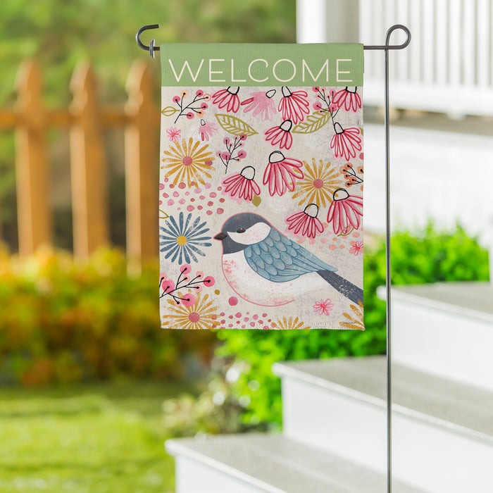 Evergreen Pastel Doodles Chickadee Suede Garden Flag