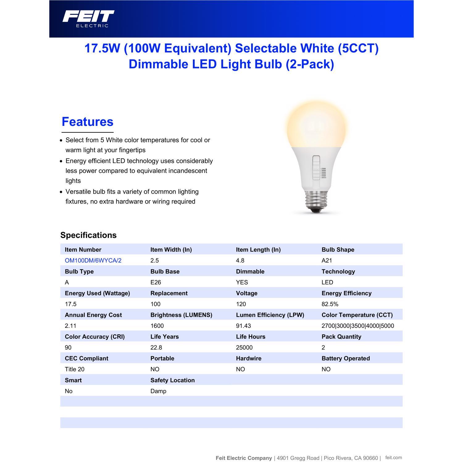 Feit A21 E26 (Medium) LED Bulb Adjustable White 100 Watt Equivalence 2 pk
