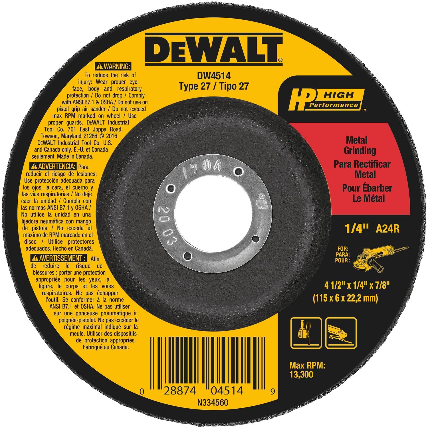 DeWalt High Performance 4.5 in. D X 7/8 in. X 1/4 in. thick Grinding Wheel 1 pc