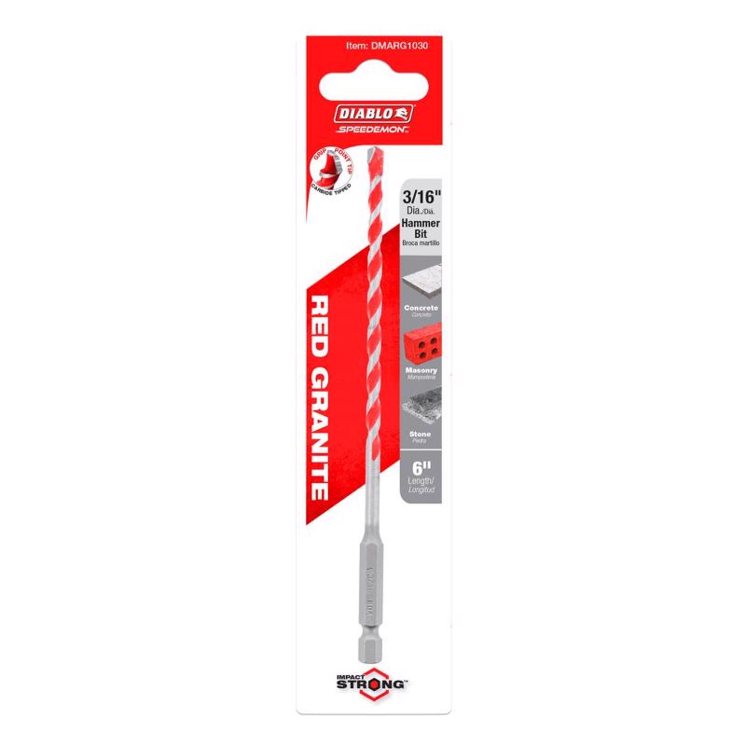 Diablo SPEEDemon 3/16 in. X 6 in. L Carbide Tipped Red Granite Hammer Drill Bit Hex Shank 1 pk