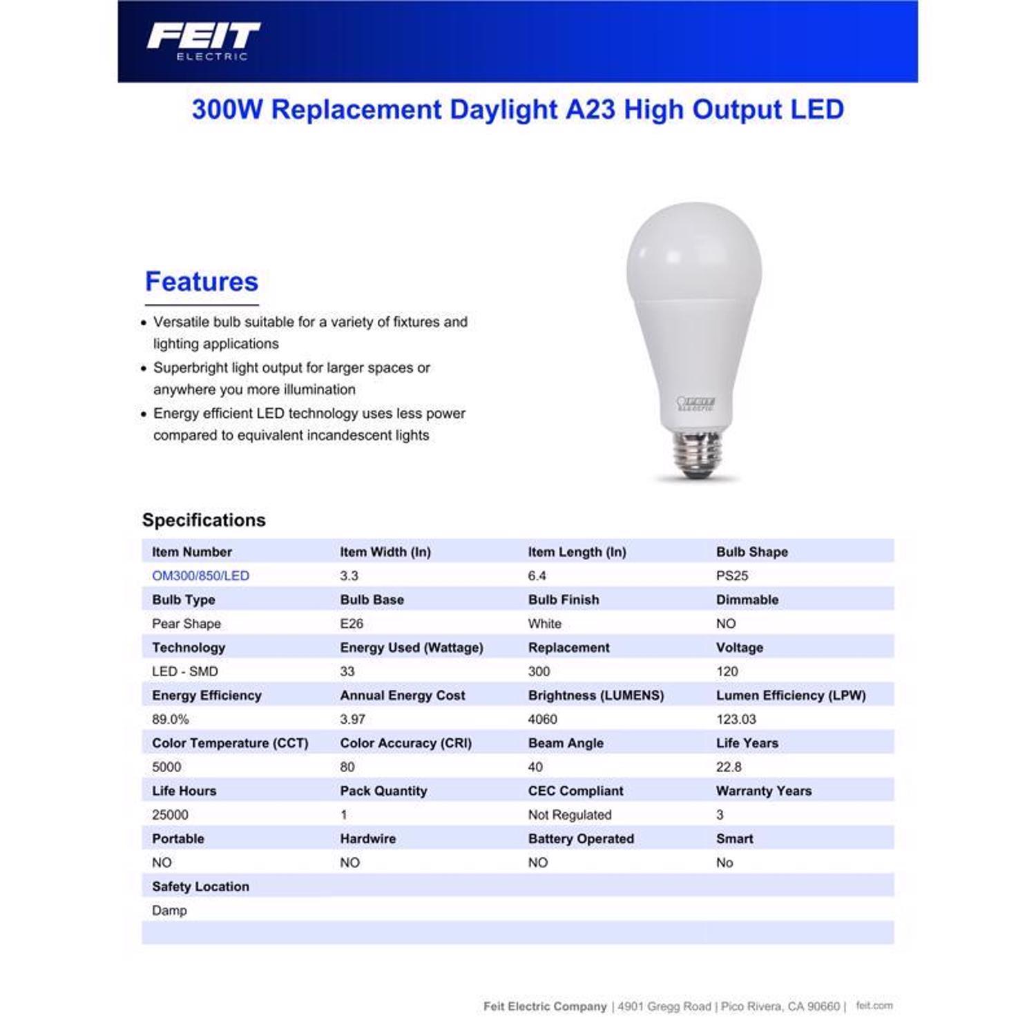 Feit A23 E26 (Medium) LED Bulb Daylight 300 Watt Equivalence 1 pk