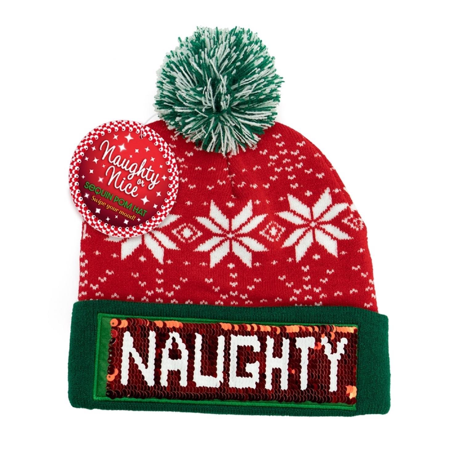 DM Merchandising Winter Naughty or Nice Santa Sequin Pom Hat Green/Red One Size Fits Most