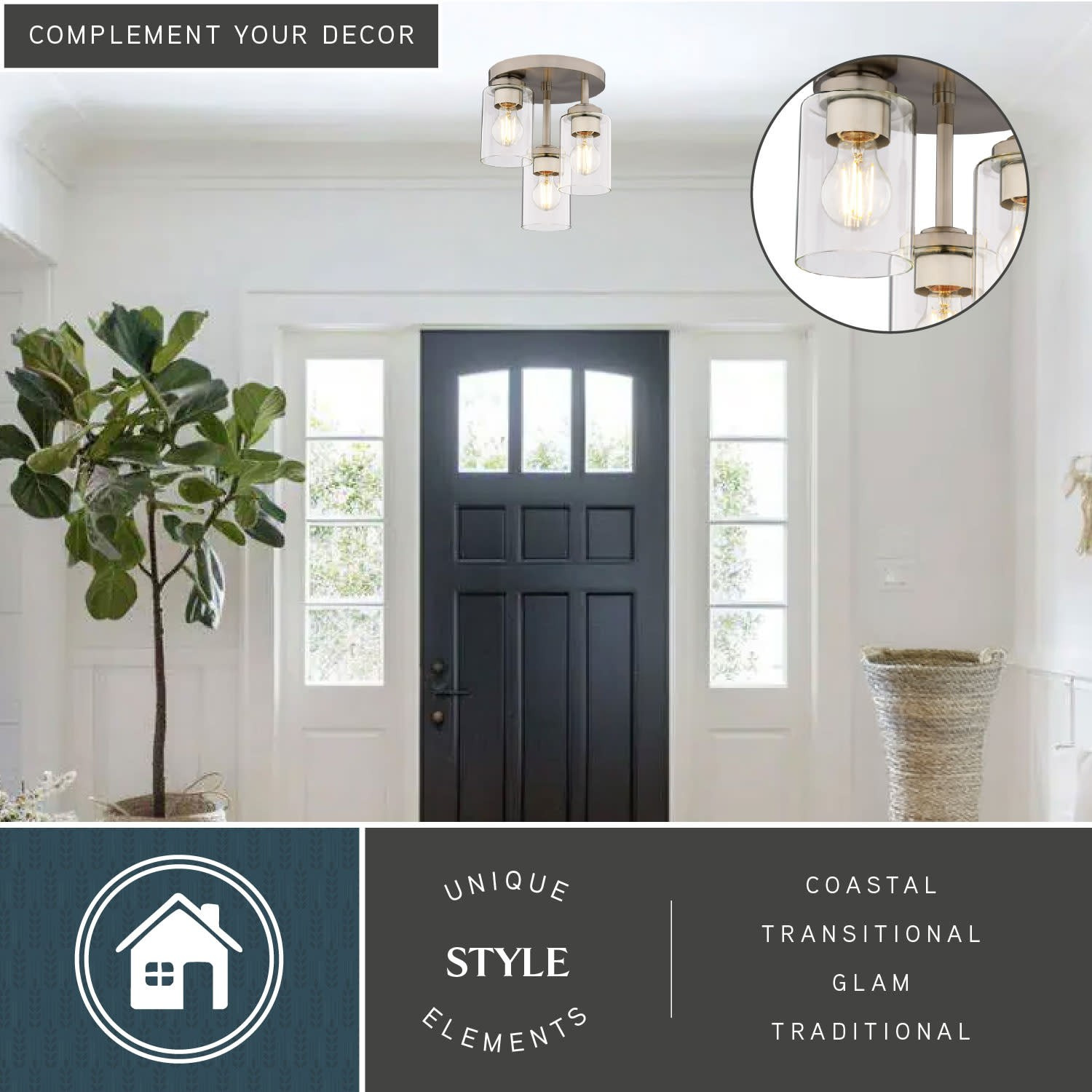 Vaxcel Lighting C0327 Park Ridge 3 Light 11 in.W Semi-Flush Ceiling - Nickel