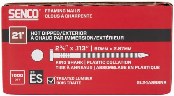 Senco Framing Nails | 21 Degree | 2-3/8 in. x .113 | Ring Shank | Plastic Collated Nail | Bright Finish