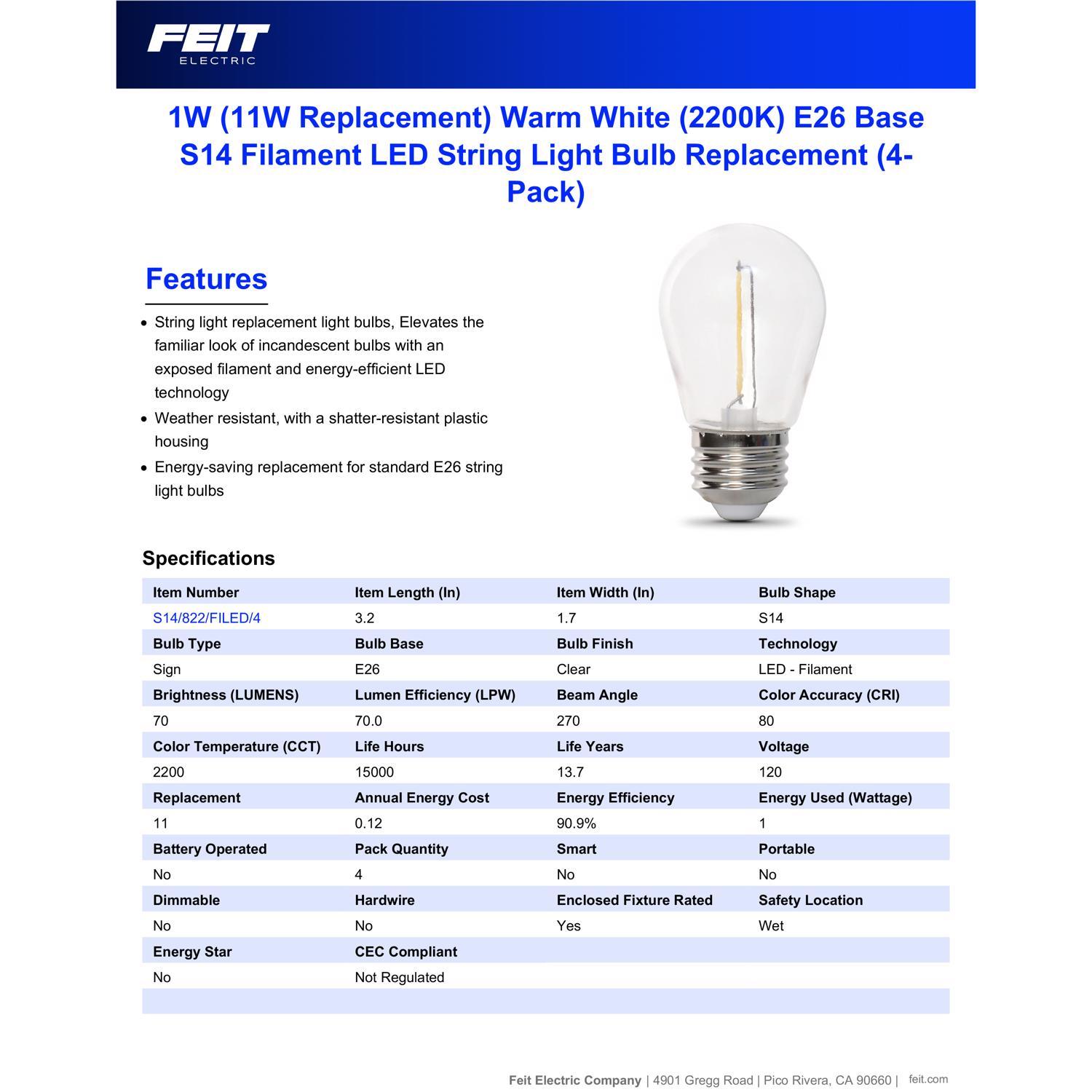 Feit S14 E26 (Medium) LED Bulb Warm White 11 Watt Equivalence 4 pk