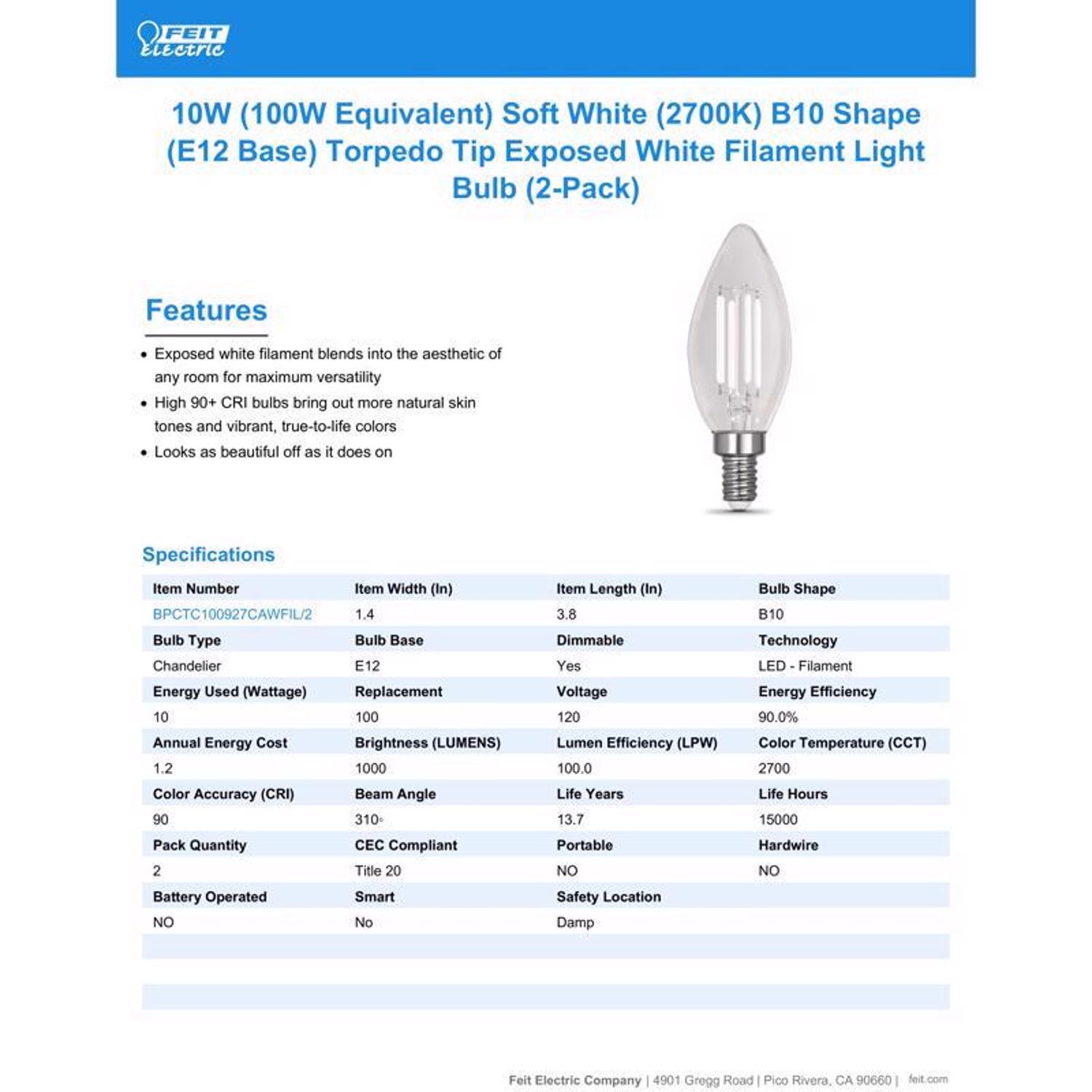 Feit White B10 E12 (Candelabra) Filament LED Bulb Soft White 100 Watt Equivalence 2 pk