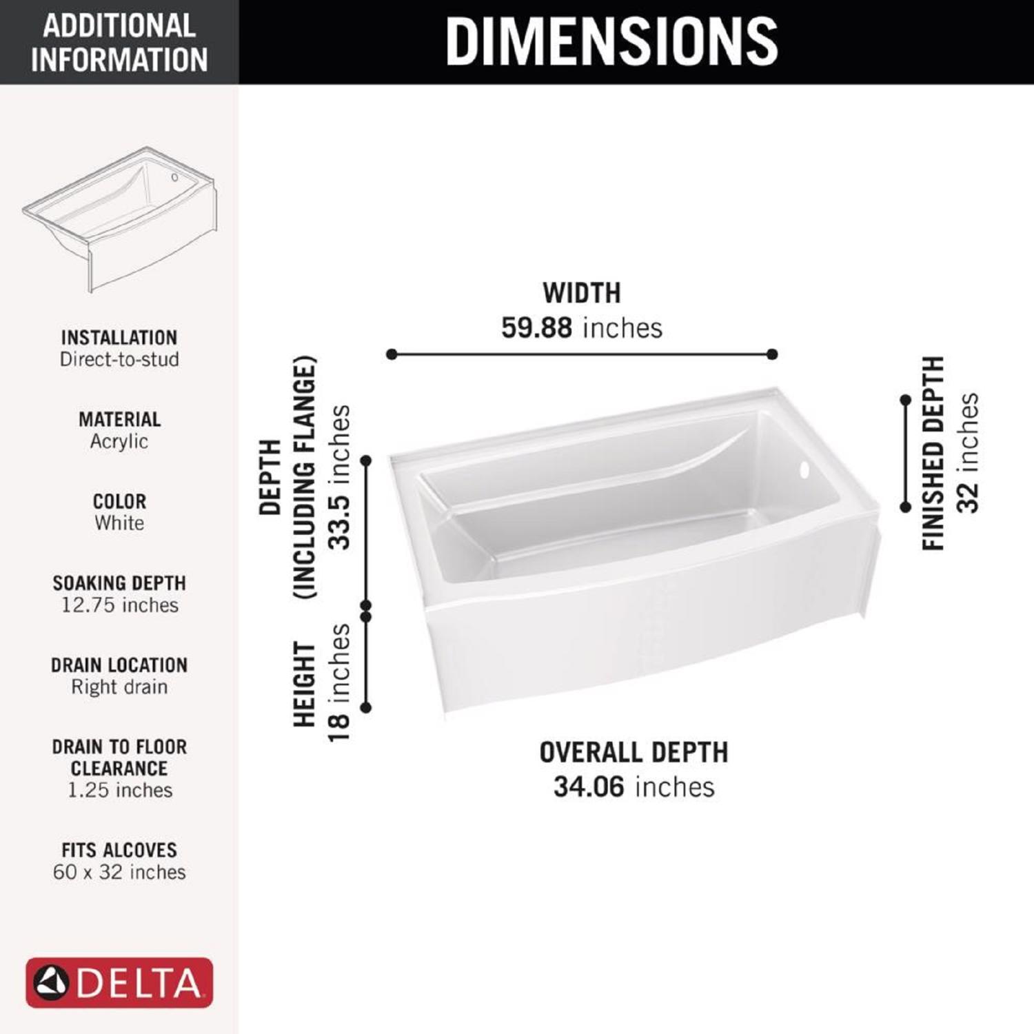 Delta Classic 500 18 in. H X 60 in. W X 32 in. L White Bathtub