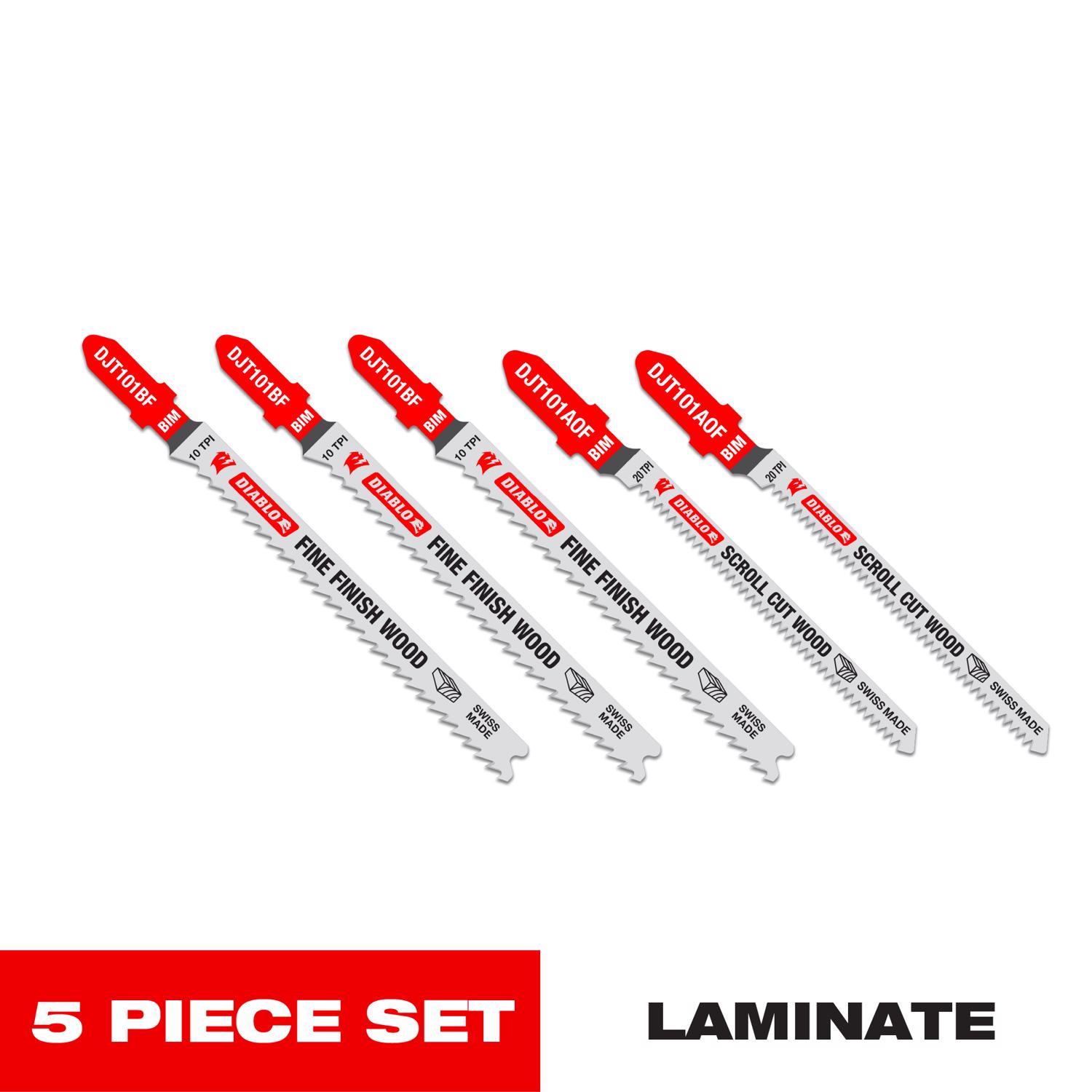 Diablo 0 in. Bi-Metal T-Shank Laminate Cutting Jig Saw Blade Set 10/20 TPI 5 pc