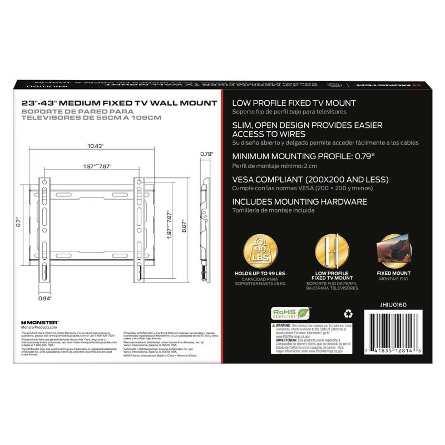 Monster Just Hook It Up 23 in to 43 in. 99 lb. cap. TV Fixed Wall Mount