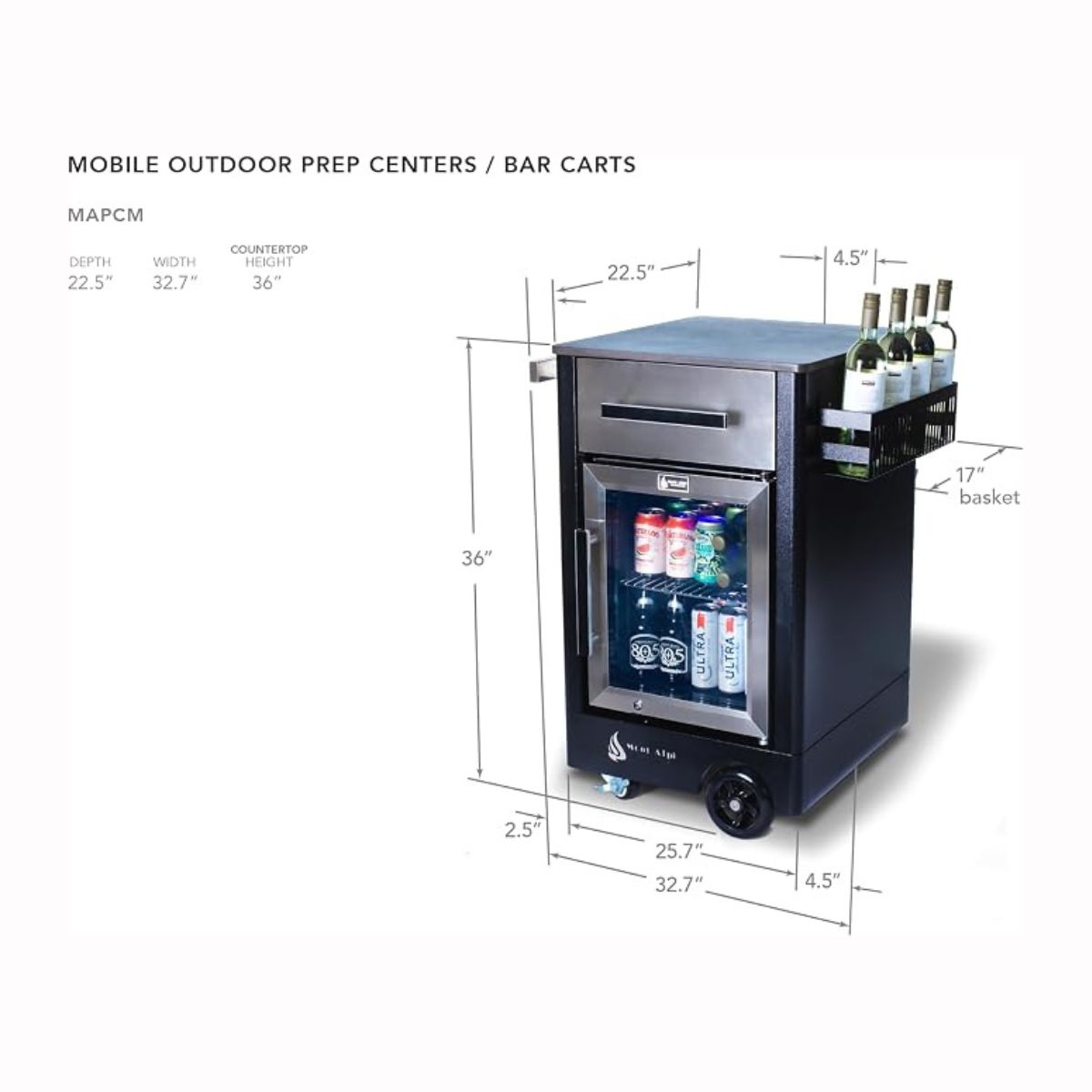 Mont Alpi Stainless Steel Outdoor Kitchen Island Rolling Bar Cart with Ceramic Top & Beverage Refrigerator 33 in.