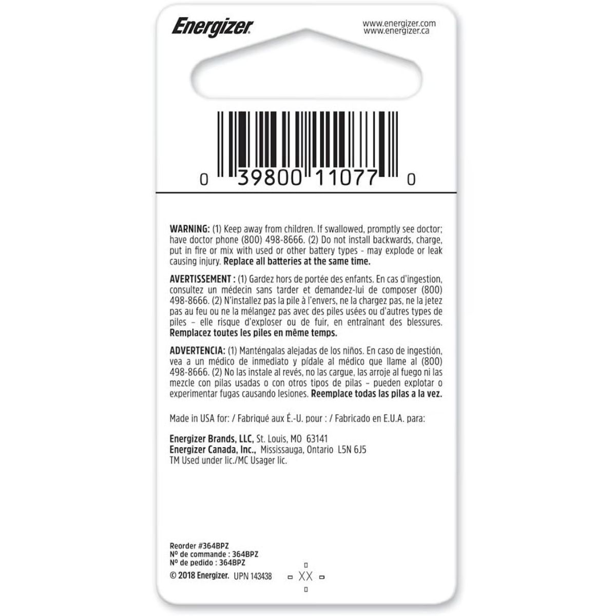 Energizer Silver Oxide 364 1.5 V Electronic/Watch Battery 1 Pack