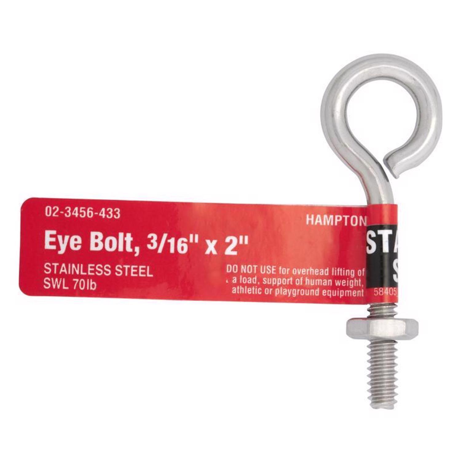 Hampton 3/16 in. X 2 in. L Stainless Stainless Steel Eyebolt Nut Included
