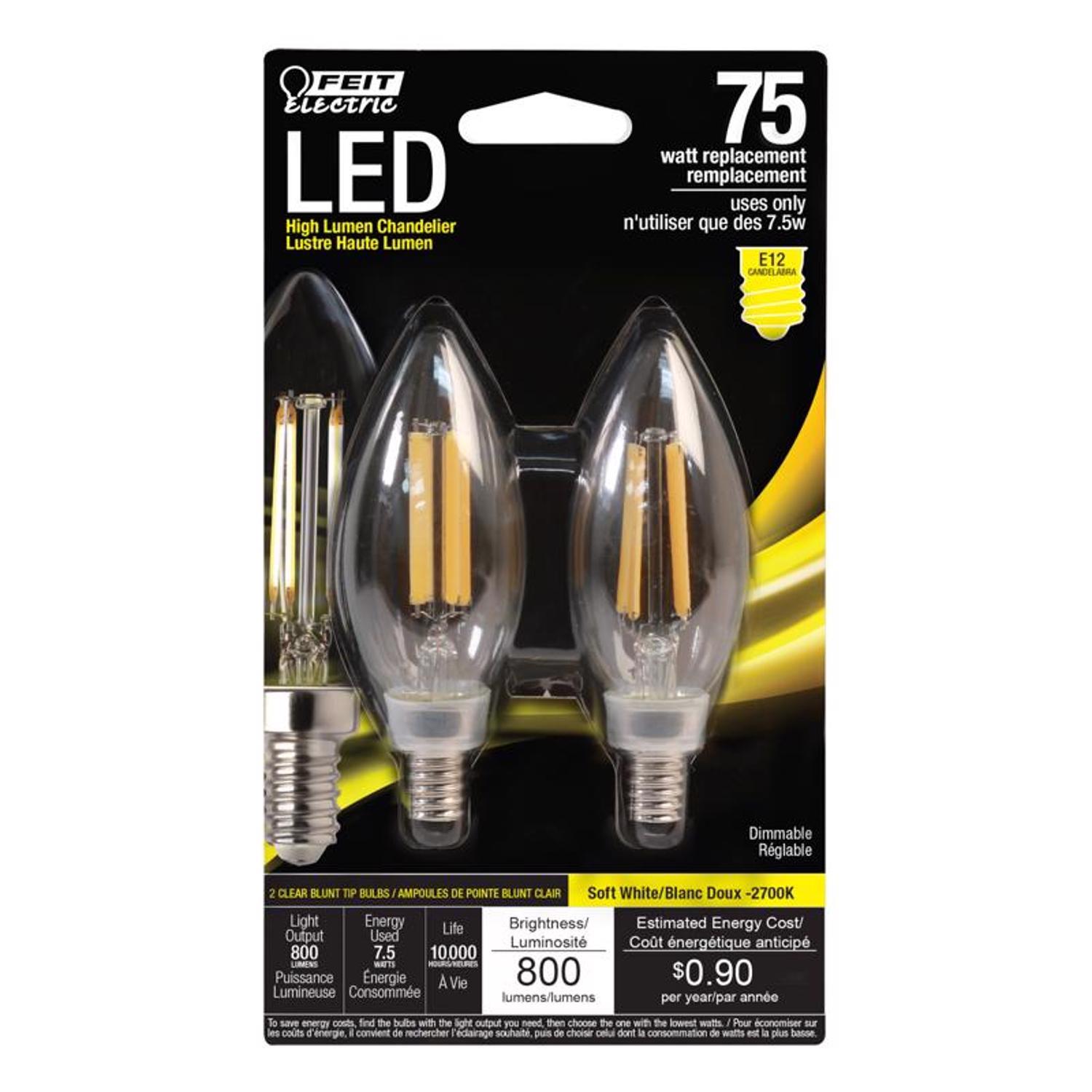 Feit Blunt Tip E12 (Candelabra) LED Bulb Soft White 75 Watt Equivalence 2 Pack