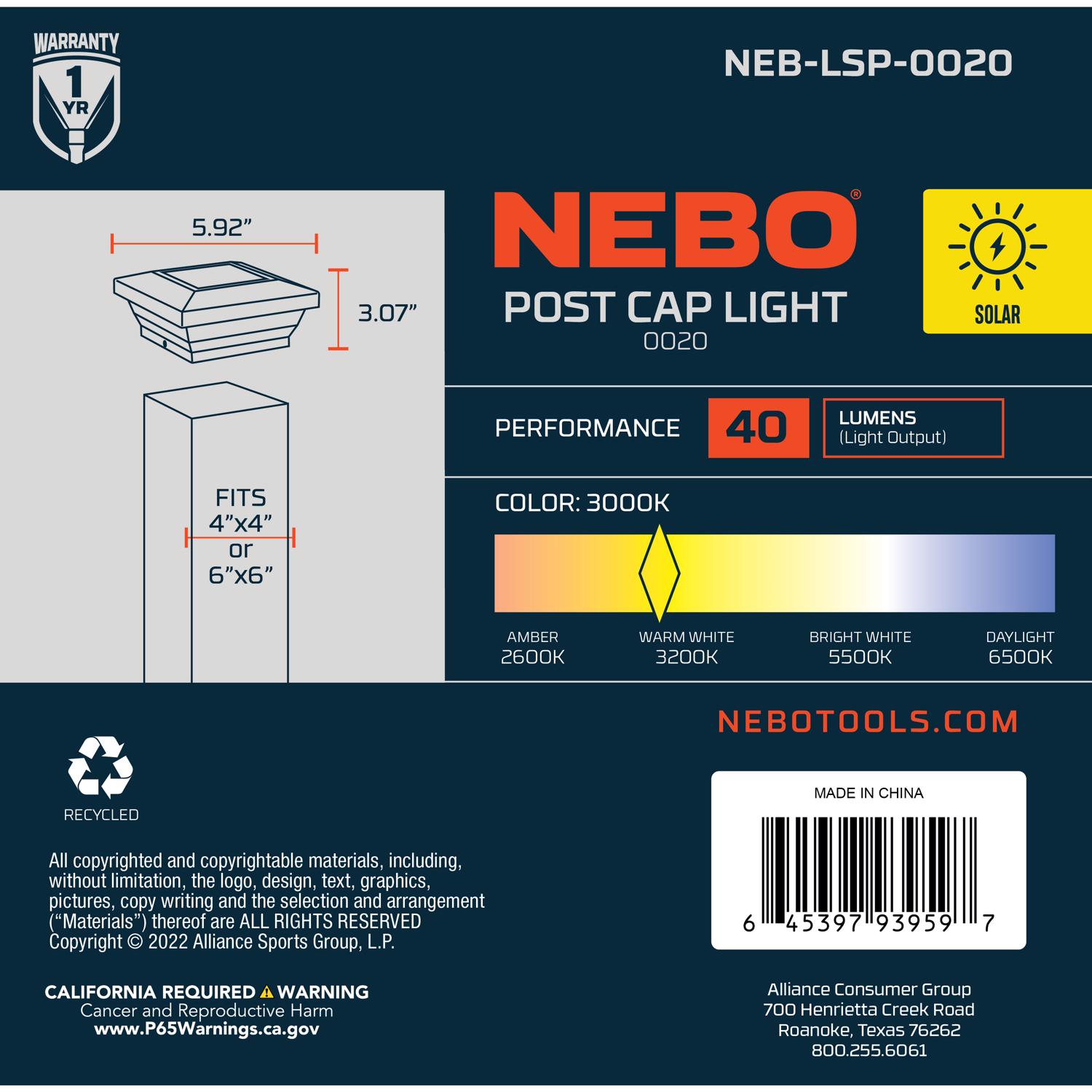 NEBO Black Solar Powered 2.22 W LED Post Light 2 pk