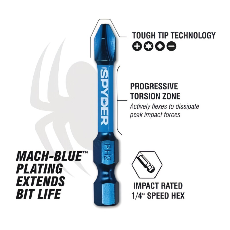 Spyder Mach-Blue PH2 1/4-in x 2-in Phillips Impact Driver Bit Set 15 -Piece
