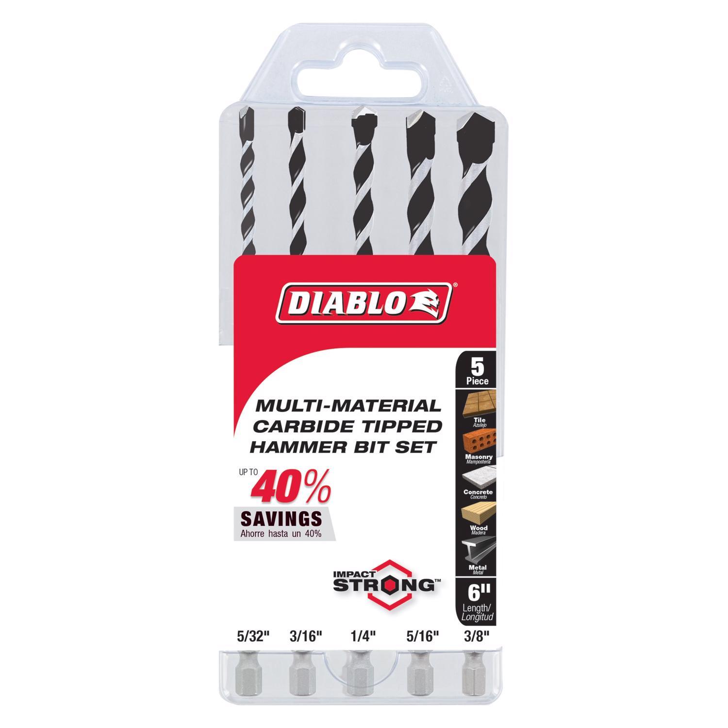 Diablo Multi-Material Carbide Tipped Hammer Drill Bit Set Hex Shank 5 pc