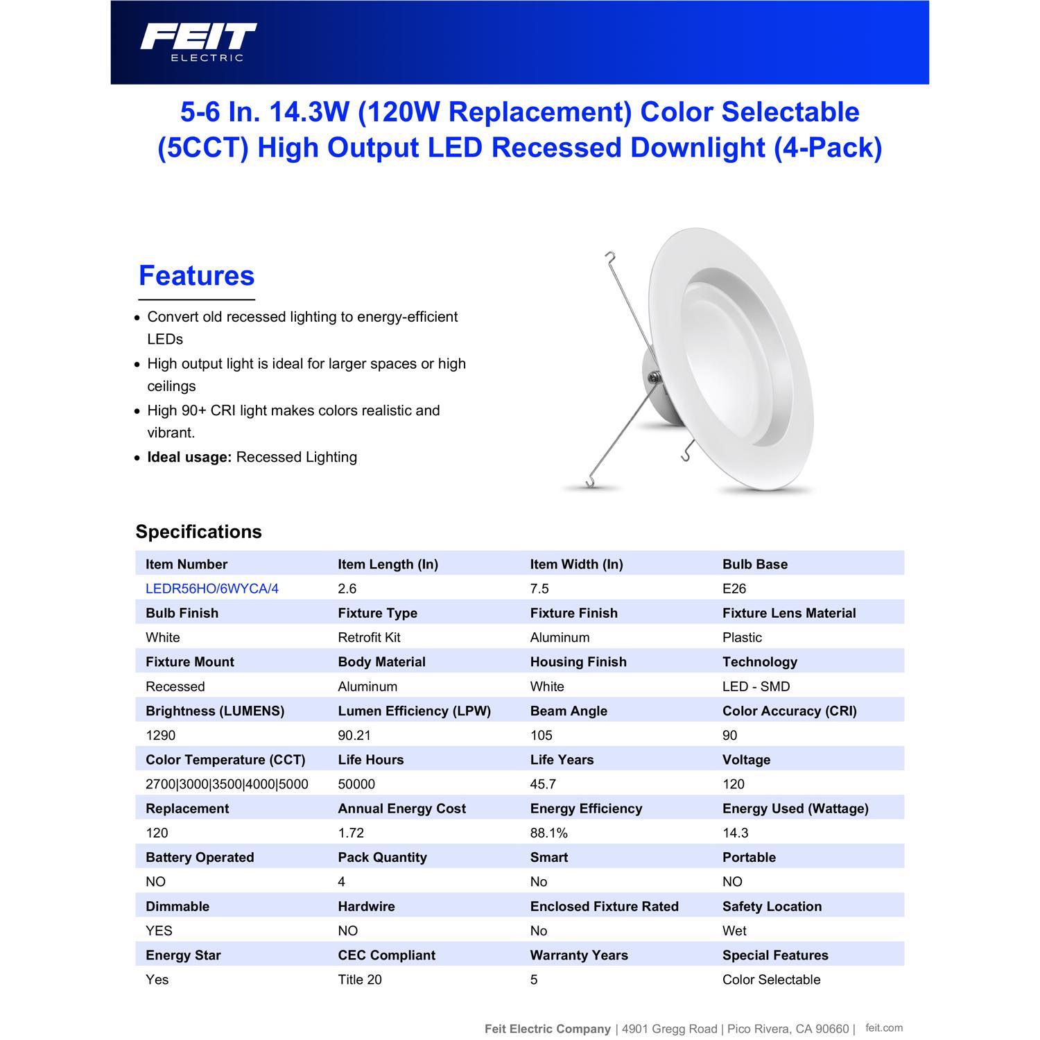 Feit Enhance Frost White 7.5 in. W Aluminum LED Dimmable Recessed Downlight 14.3 W