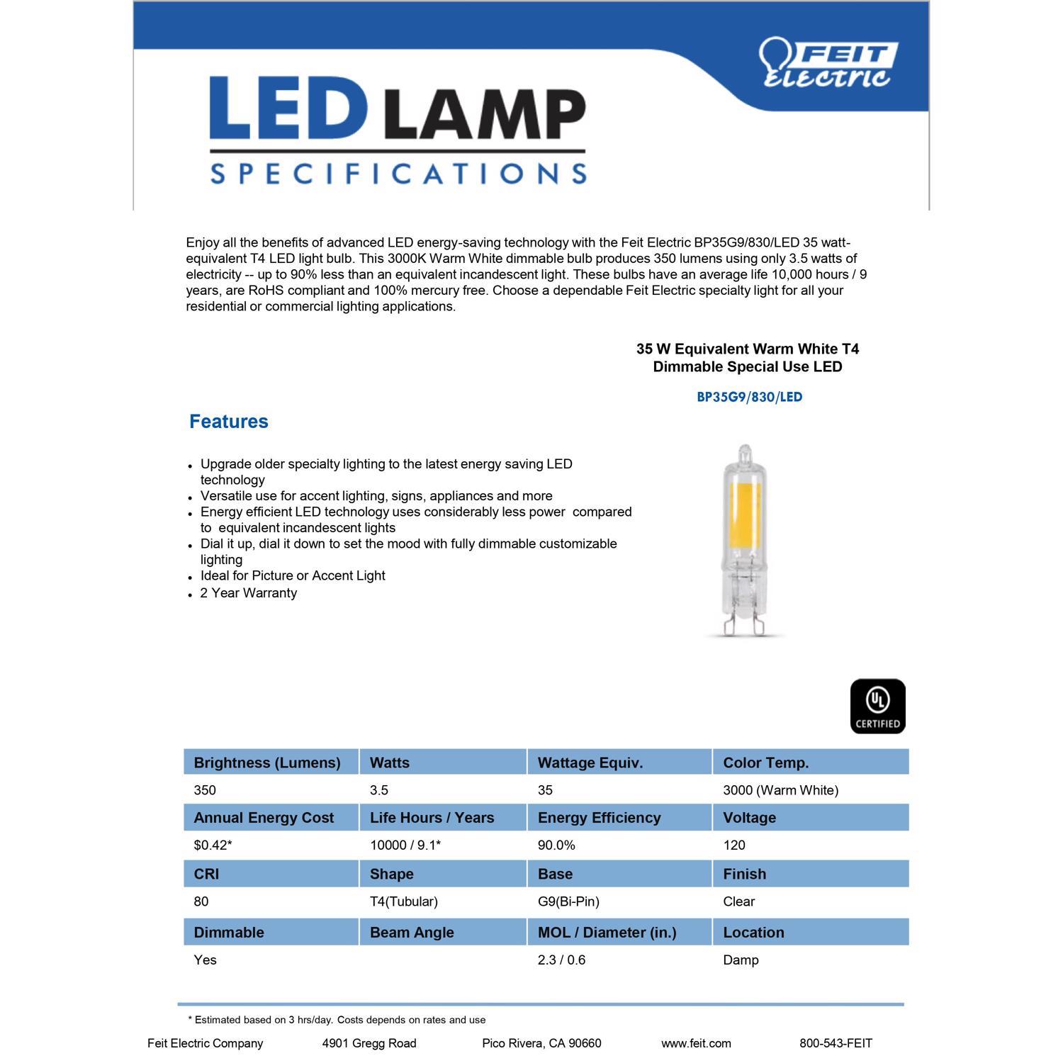 Feit T4 G9 LED Bulb Bright White 35 Watt Equivalence 1 pk