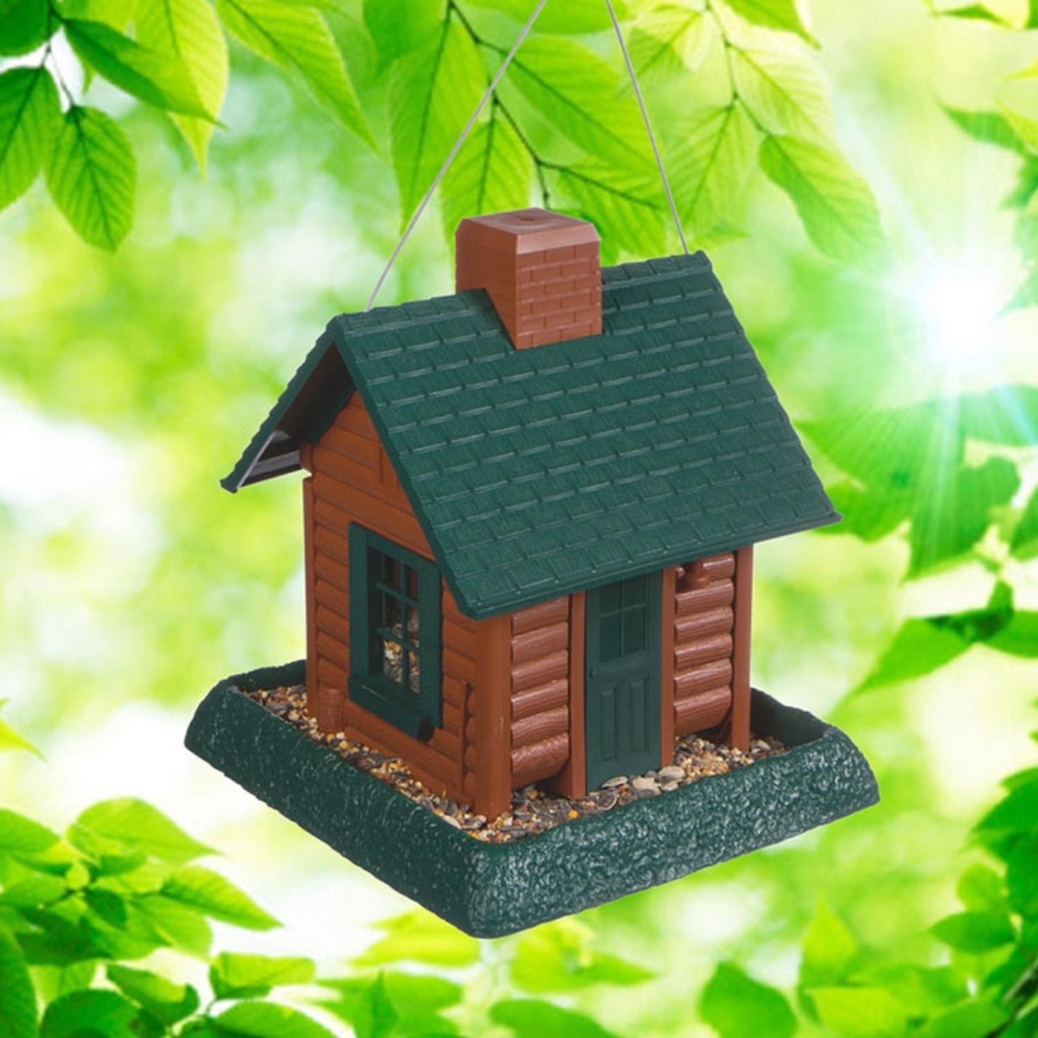North States Log Cabin Wild Bird 1 lb Plastic Log Cabin Hopper Bird Feeder 4 ports