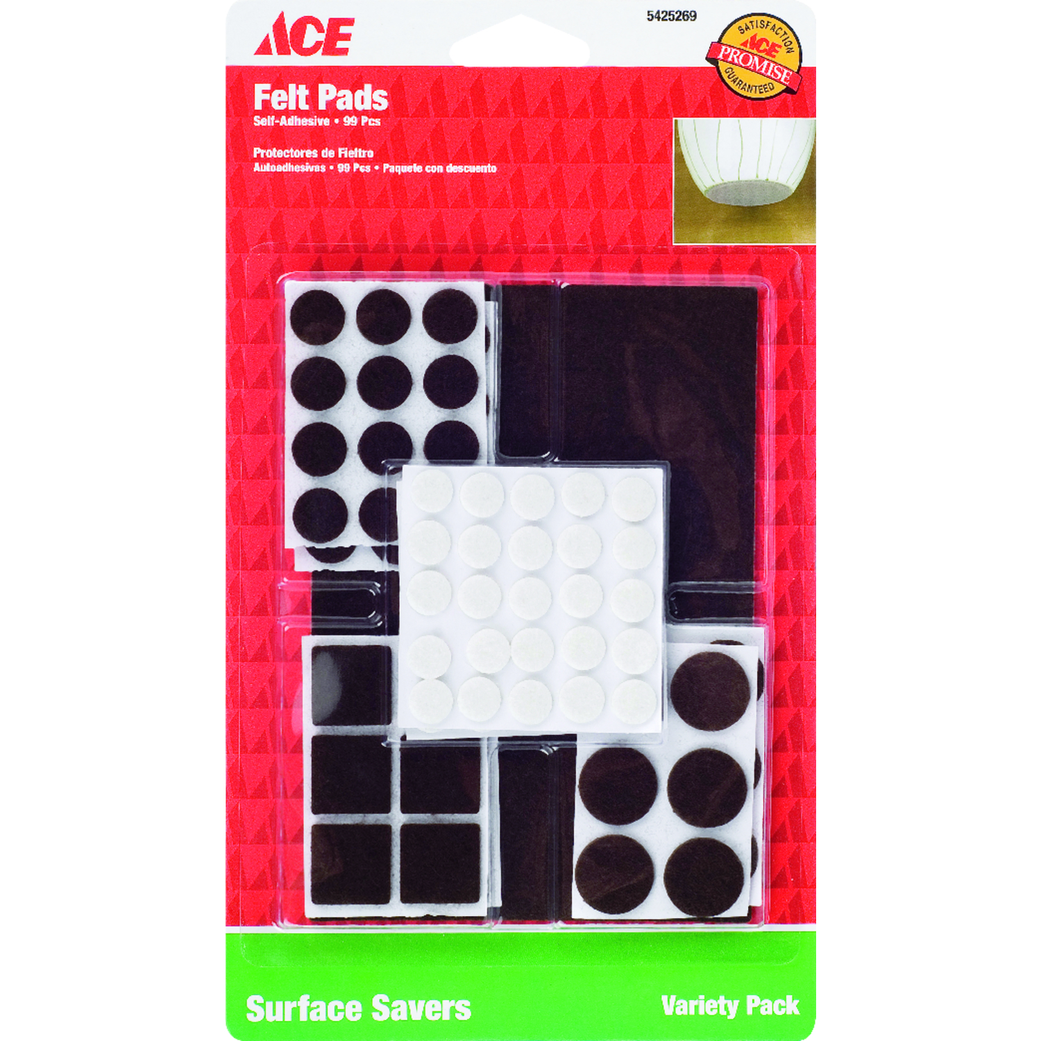 Ace Felt Self Adhesive Surface Pad Brown Assorted Various in. W 99 pk