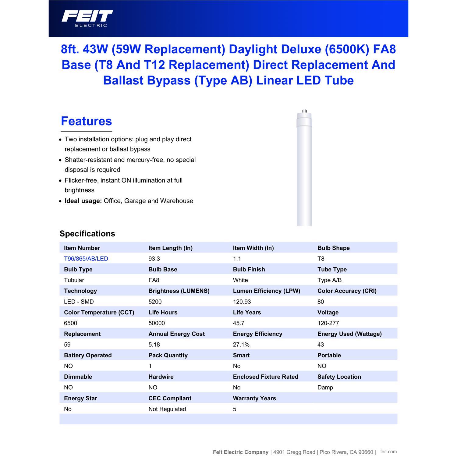 Feit Linear T8/T12 Daylight 93.3 in. 1 Pin Linear LED Tube Light Bulb 59 Watt Equivalence 1 pk