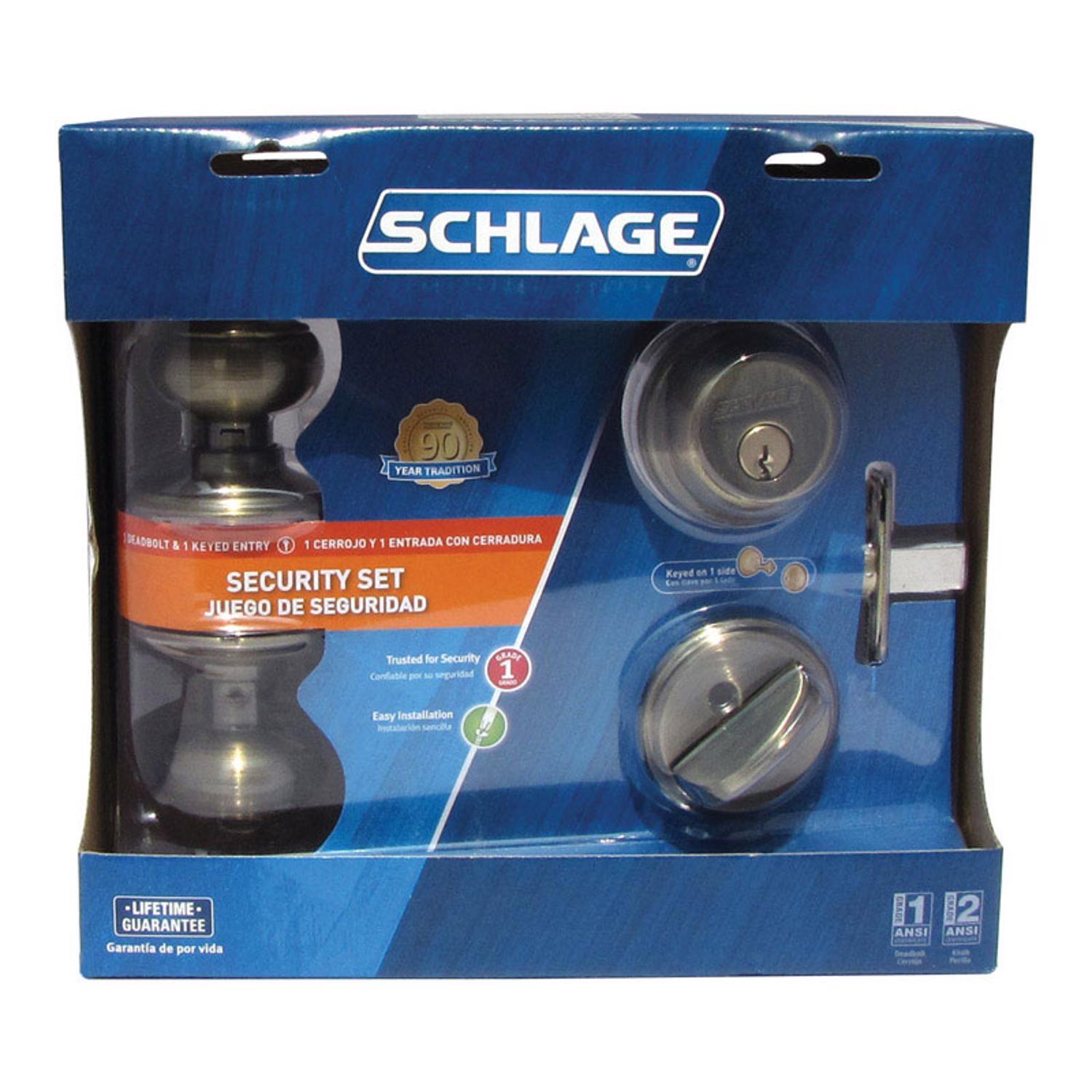 Schlage Georgian Antique Brass Knob and Single Cylinder Deadbolt 1-3/4 in.