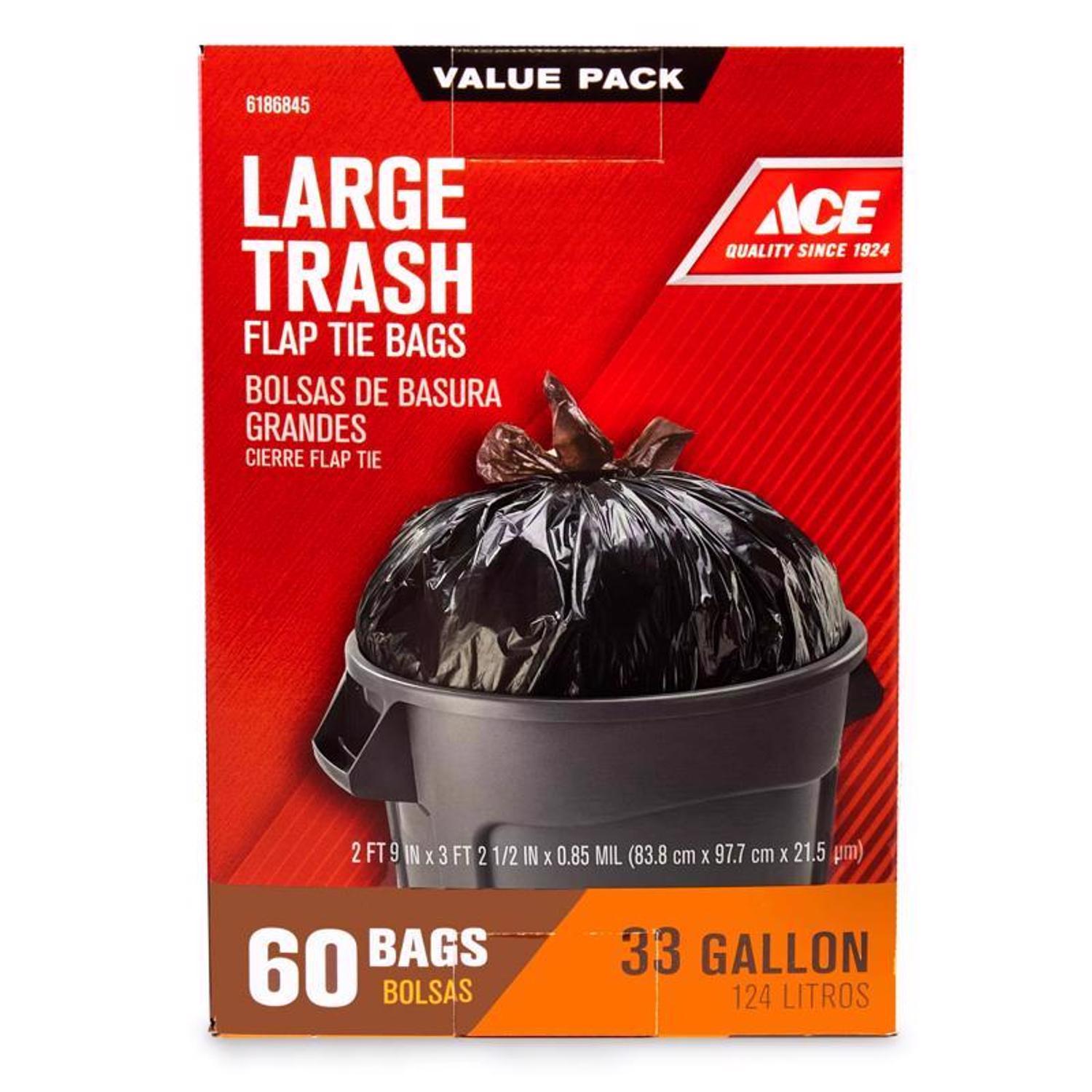 Ace 33 gal No Scent Scent Trash Bags Flap Tie 60 pk 0.85 mil