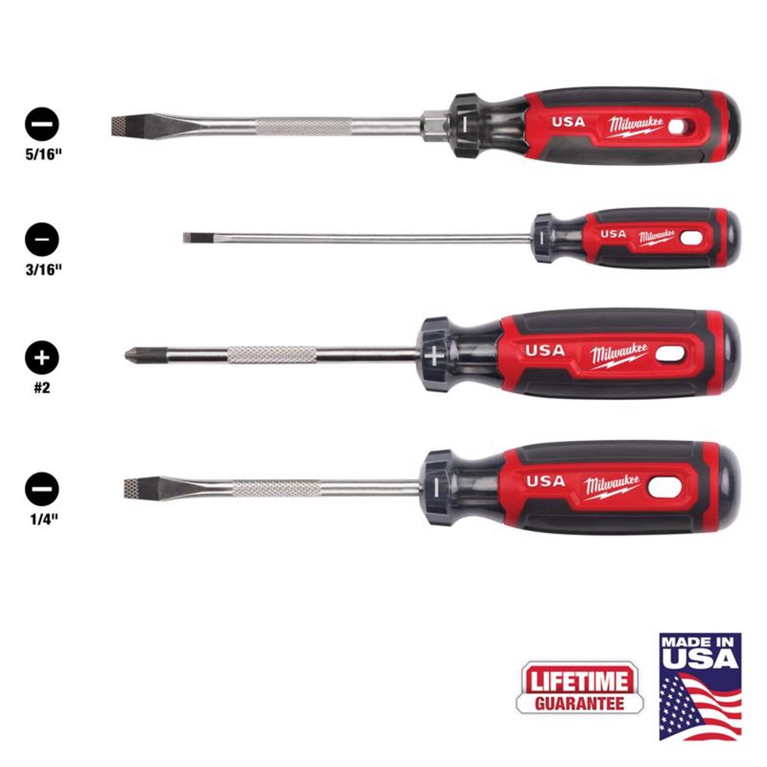 Milwaukee Made in USA Cushion Grip Phillips & Slotted Screwdriver Set 4 pc