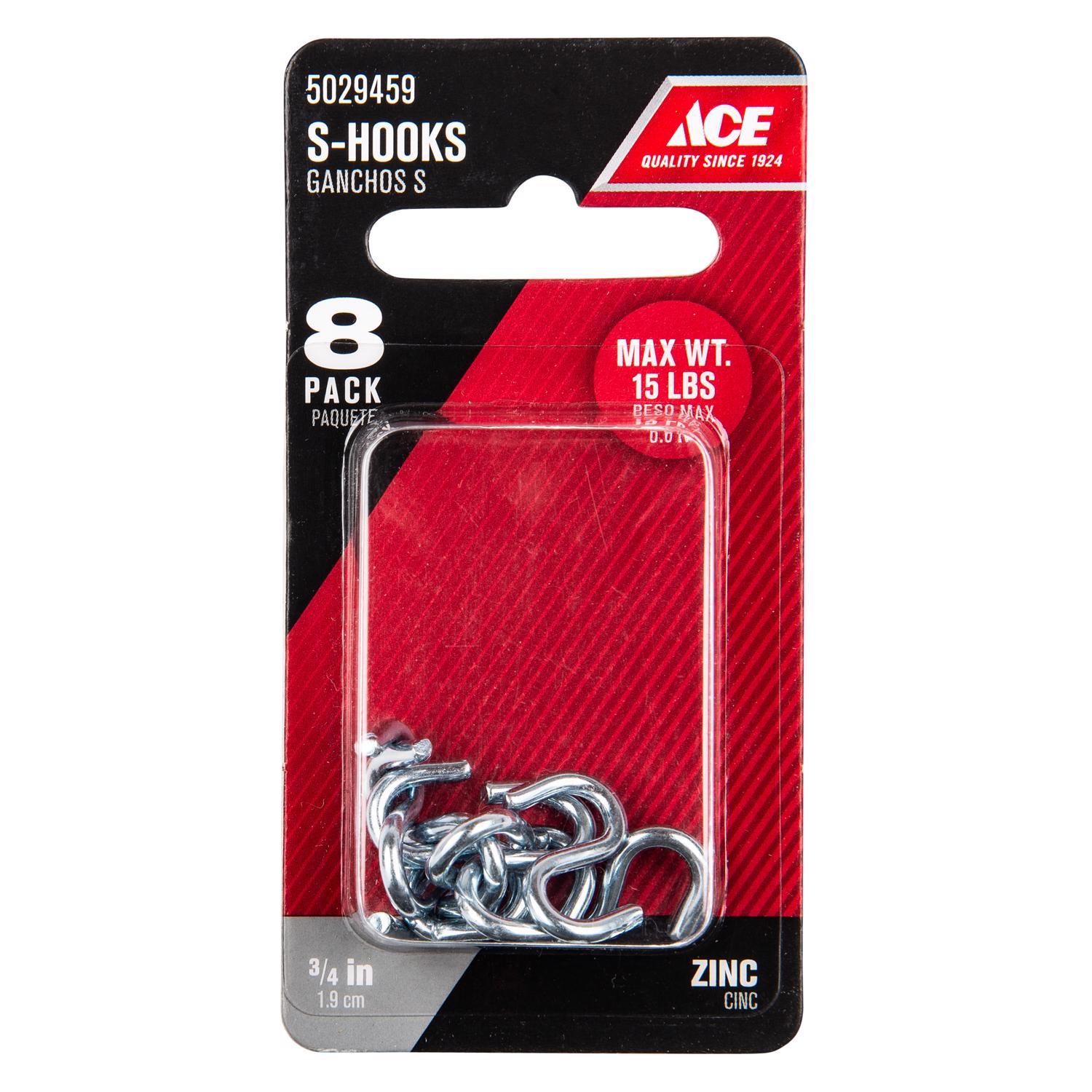 Ace Small Zinc-Plated Silver Steel 0.75 in. L S-Hook 15 lb 8 pk
