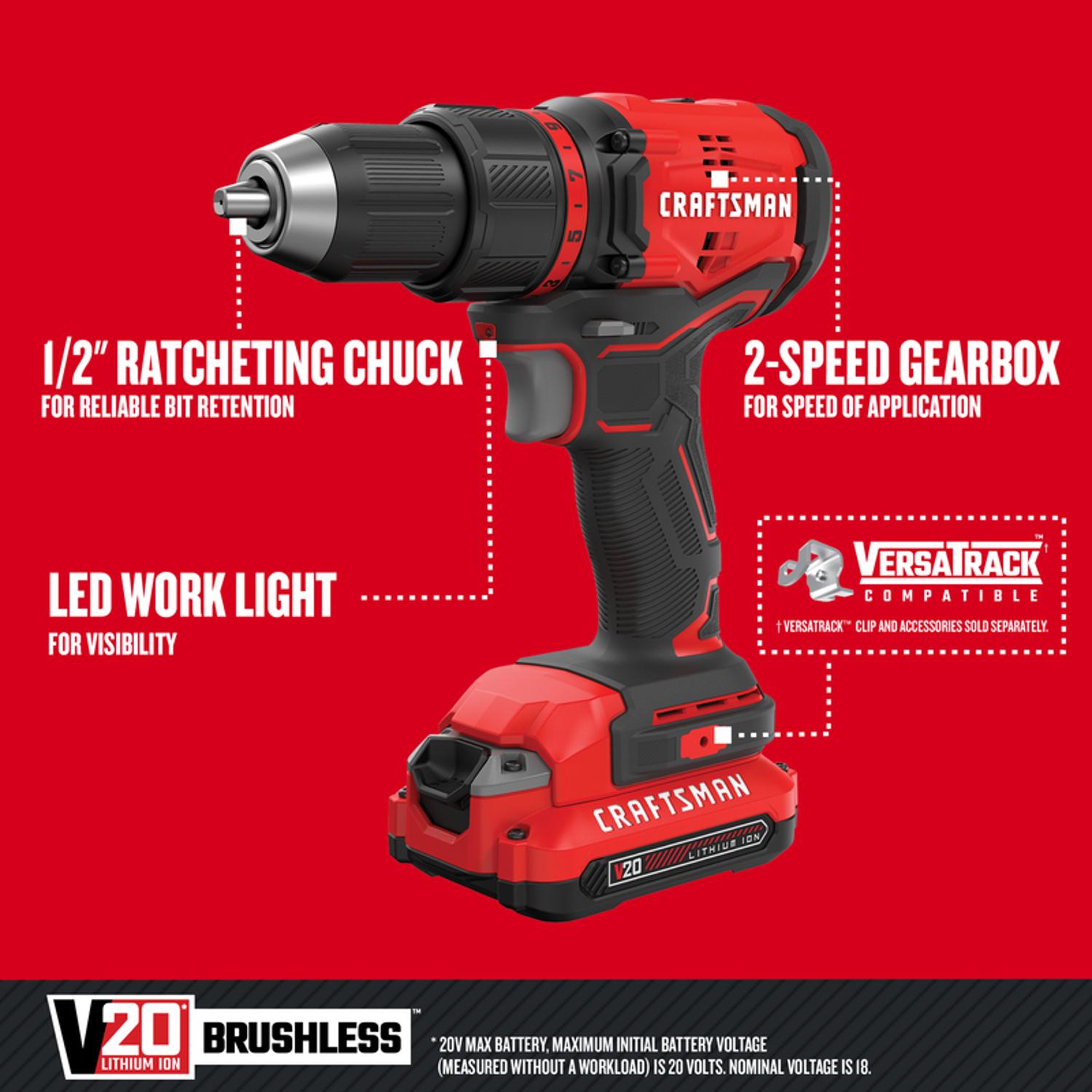 Craftsman V20 1/2 in. Brushless Cordless Drill/Driver Kit (Battery & Charger)