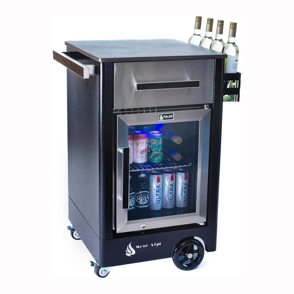 Mont Alpi Stainless Steel Outdoor Kitchen Island Rolling Bar Cart with Ceramic Top & Beverage Refrigerator 33 in.