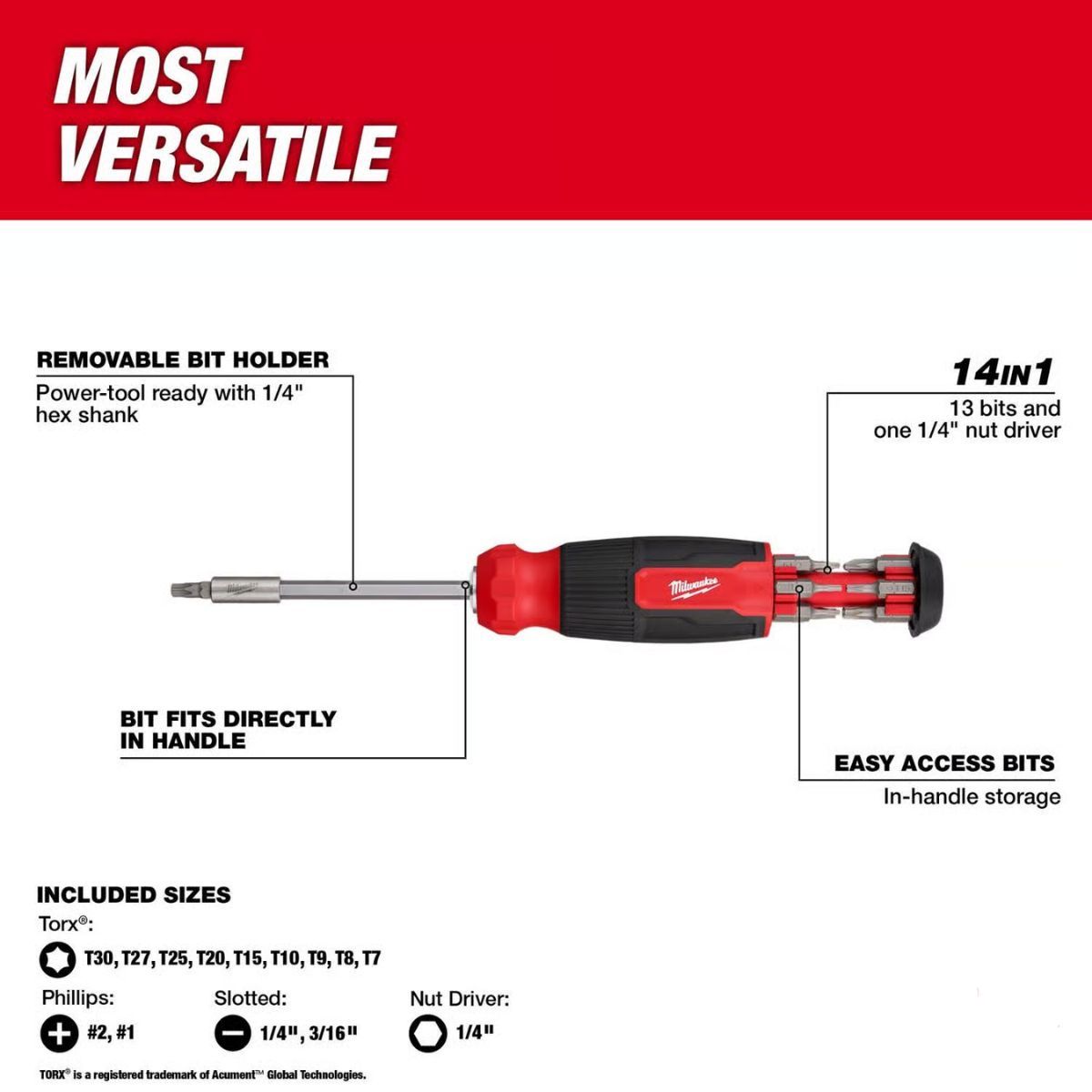 Milwaukee Torx Hex Shank 14-in-1 Multi-Bit Screwdriver 9.11 in. 1 piece