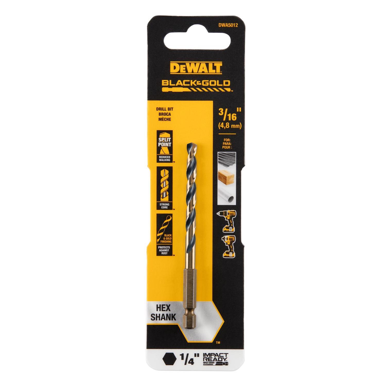 DEWALT Black & Gold 3/16 in. High Speed Steel Impact Ready Drill Bit Hex Shank 1 pk