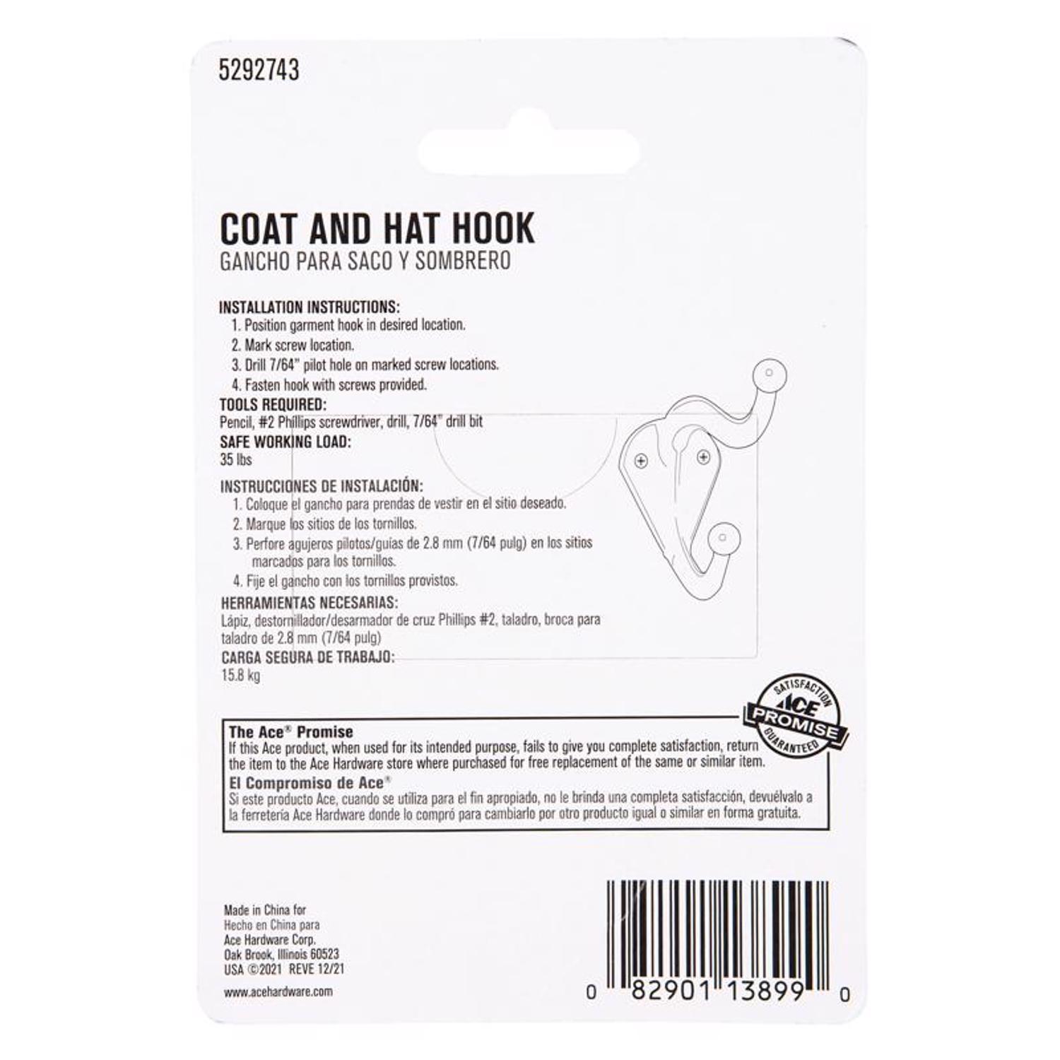Ace 3 in. L Chrome Silver Metal Small Coat and Hat Hook 2 pk