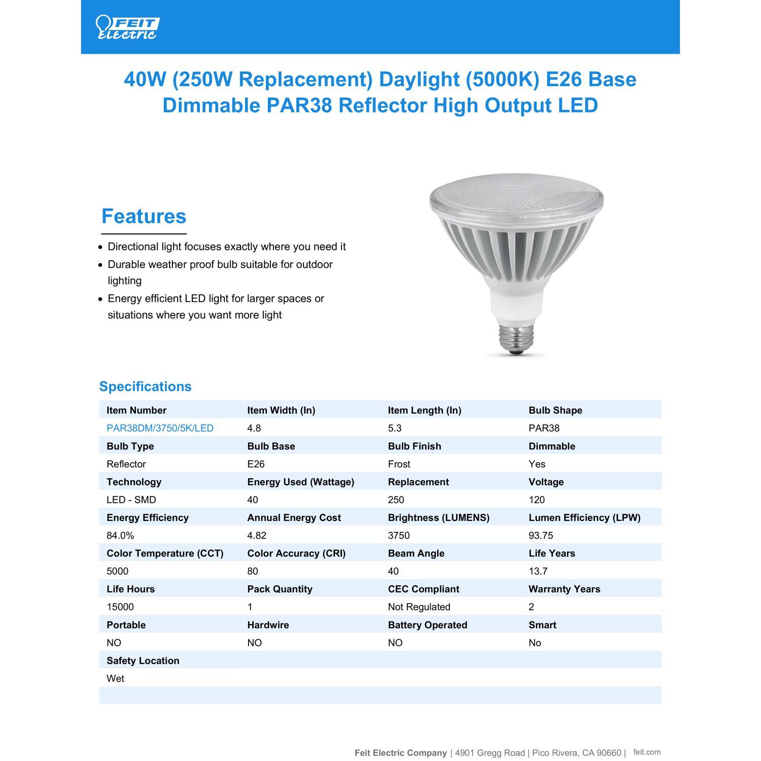 Feit PAR38 E26 (Medium) LED Bulb Daylight 250 Watt Equivalence 1 pk