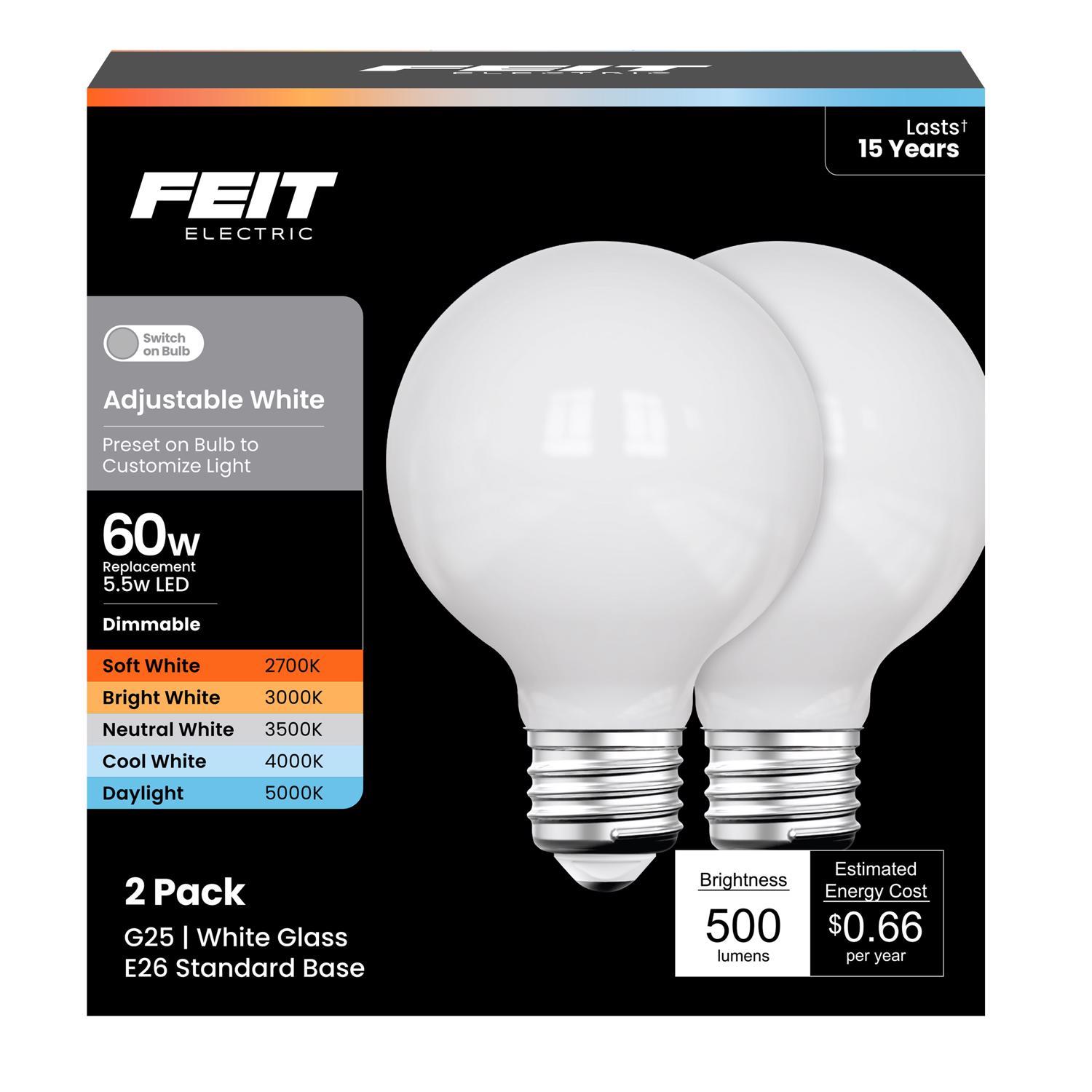 Feit G25 E26 (Medium) LED Bulb Adjustable White 60 Watt Equivalence 1 Pack