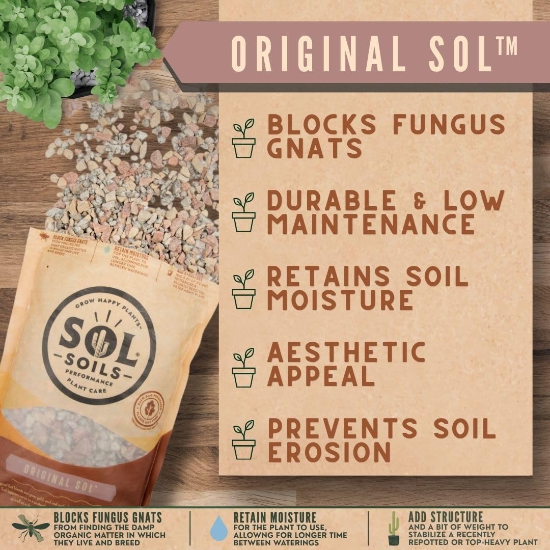 Sol Soils Original Sol Soil Topper - Decorative Rocks for Potted Plants, Succulents, Cactus, & More - Blend of Grey, Gold, & Red Rocks - Top Dressing for Water Retention & Pest Protection - 1 Quart