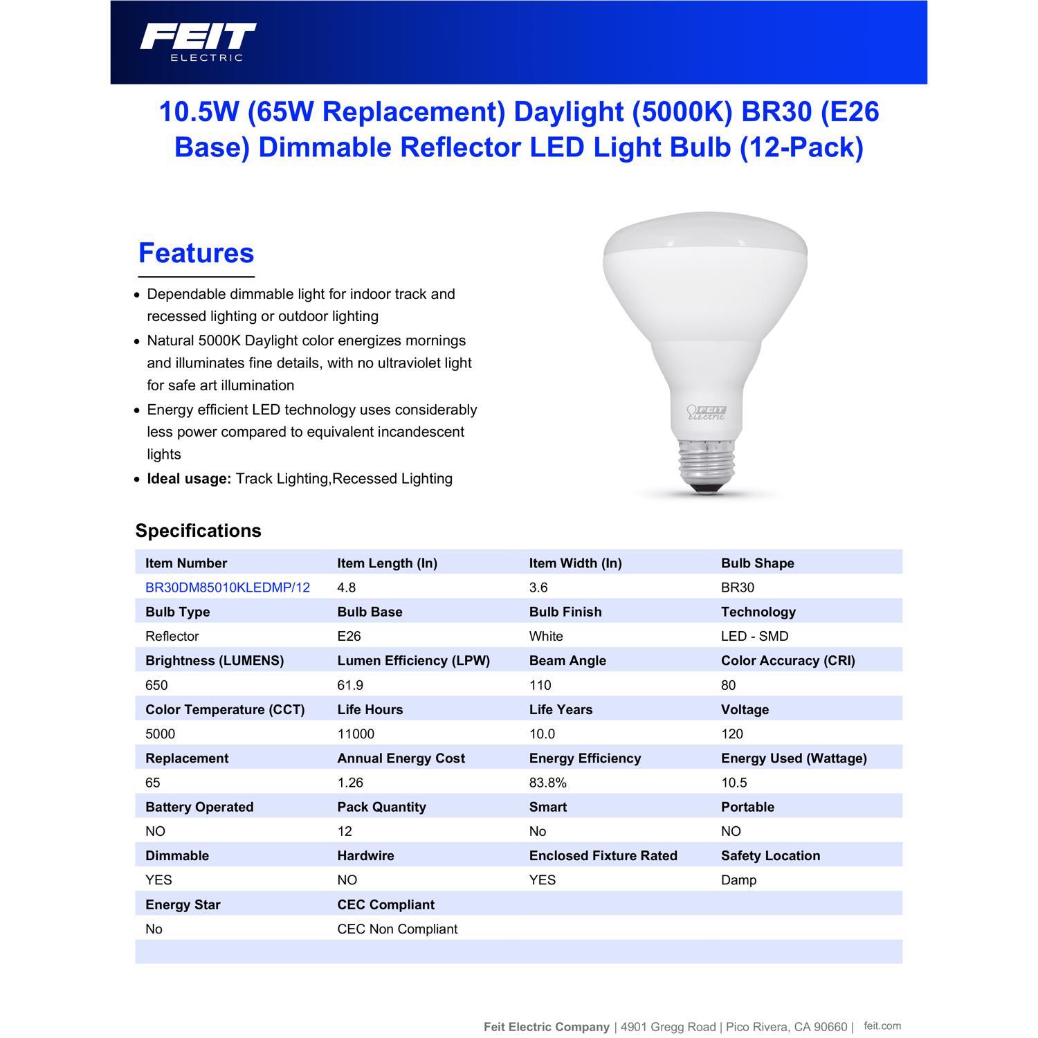 Feit BR30 E26 (Medium) LED Bulb Daylight 65 Watt Equivalence 12 pk