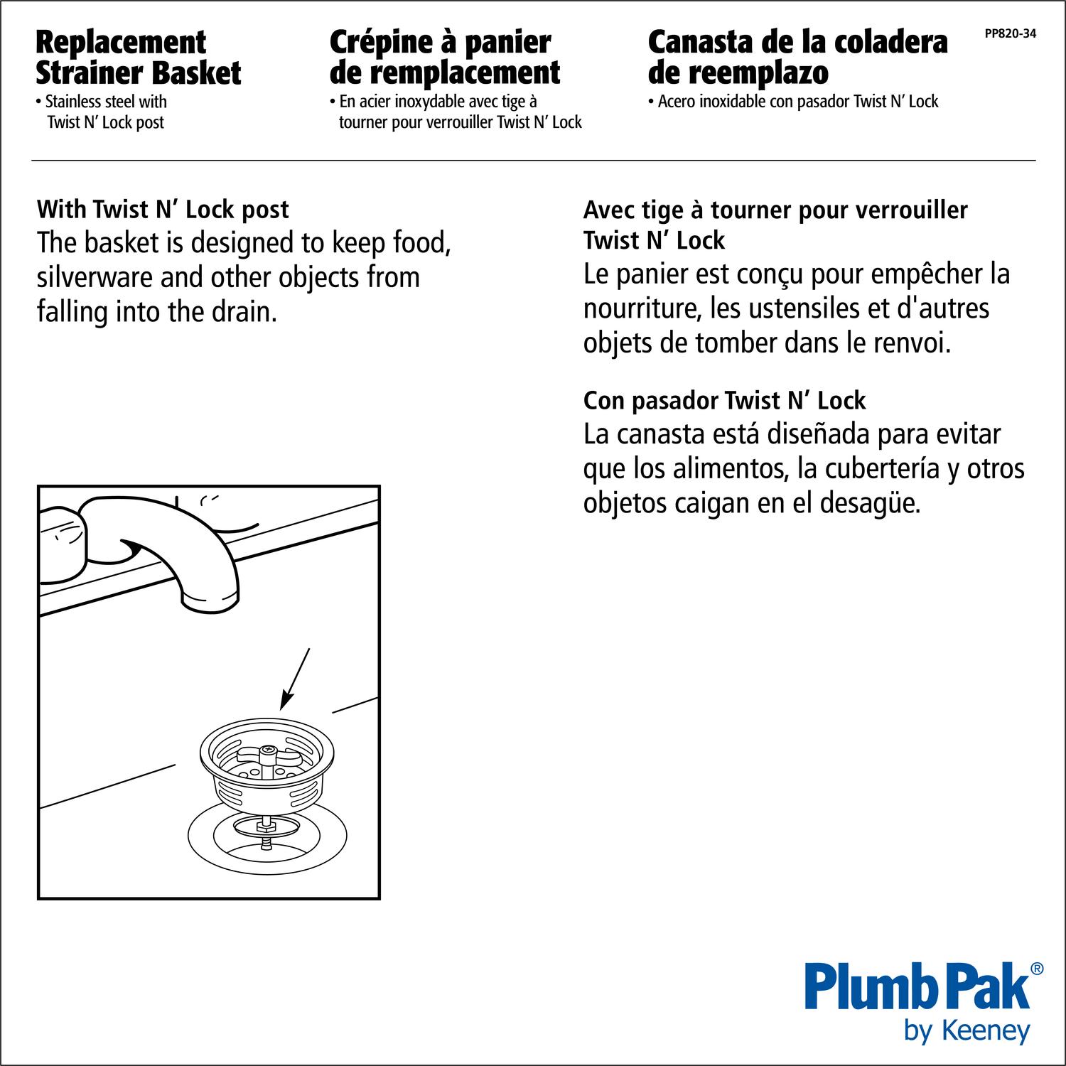 Ace 3-1/4 in. D Stainless Steel Stainless Steel Basket Strainer Assembly