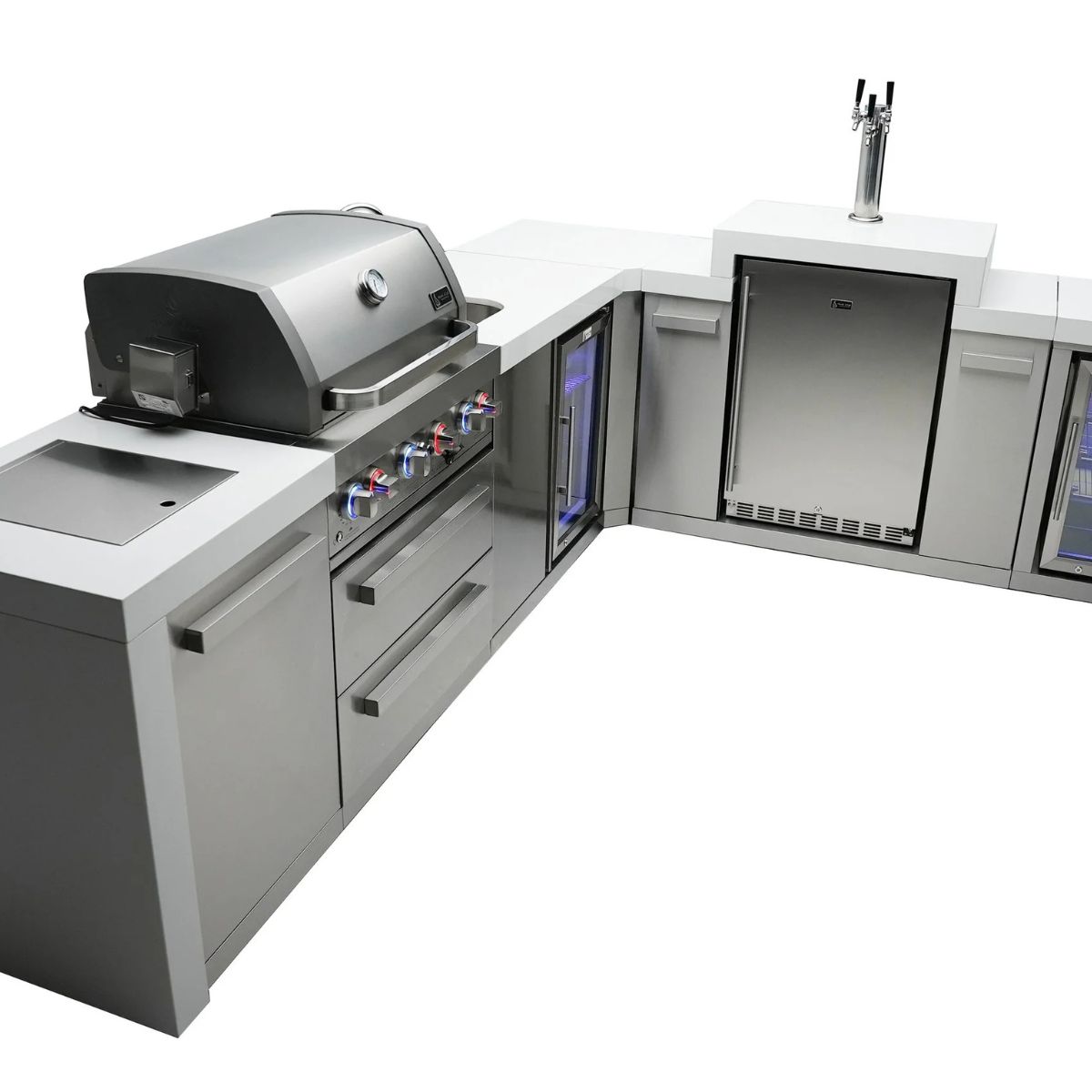Mont Alpi 4-burner Deluxe Island with a 90-degree corner, kegerator, beverage center and fridge cabinet