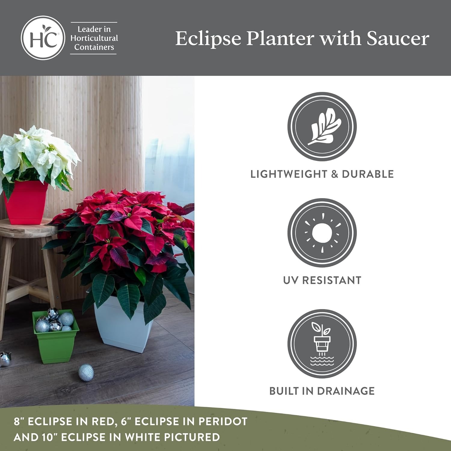 The HC Companies Eclipse Square Plastic Planter w/ Attached Saucer - Outdoor & Indoor Plant Pot with Drainage Holes - Lightweight, UV-Resistant Plastic Pots For Plants (12 in. Clay, Pack of 1)