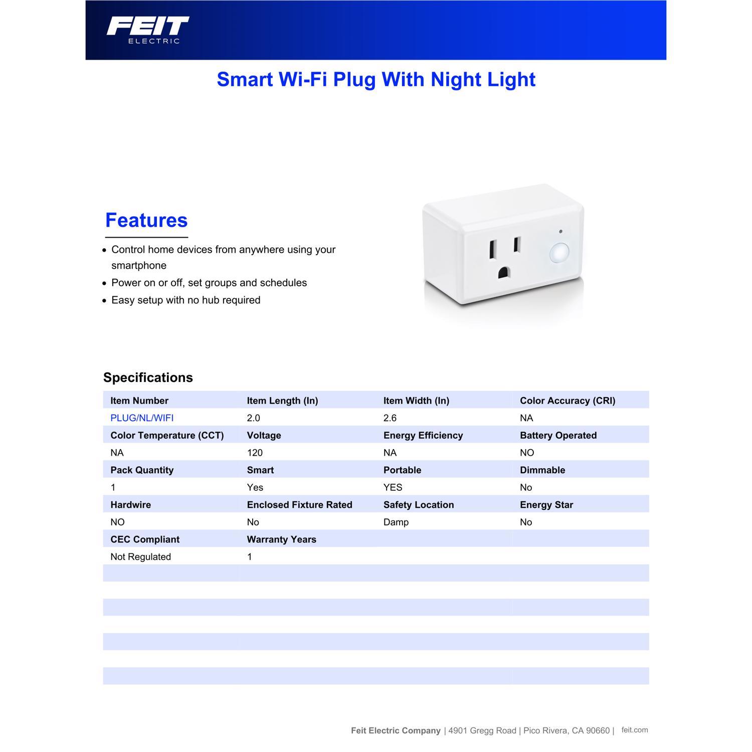 Feit Smart Home Residential Plastic Extension Smart-Enabled Plug with Night Light 1-15R
