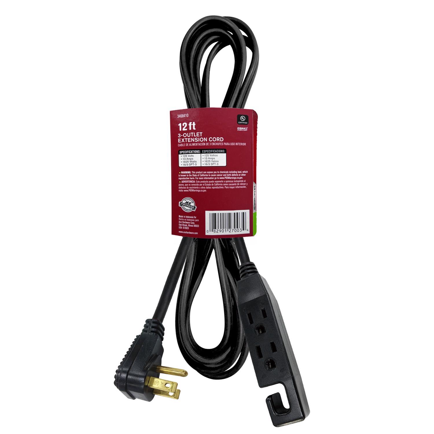 Ace Indoor 12 ft. L Black Extension Cord 16/3 STP-3