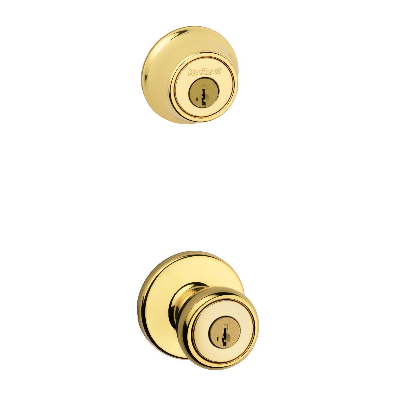 Kwikset Tylo Polished Brass Deadbolt and Passage Door Knob 1-3/4 in.